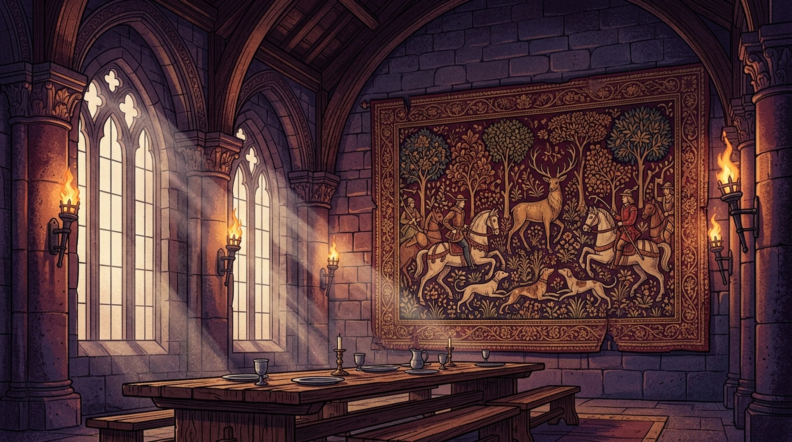 Medieval stone hall with an enormous woven tapestry of a hunting scene on the back wall