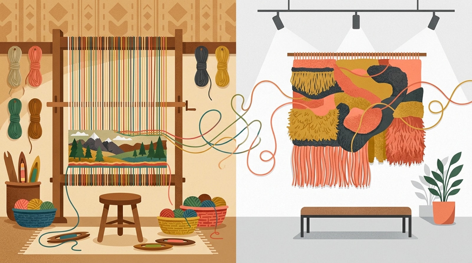 Split view of an upright loom building a tapestry and a modern gallery wall with abstract fiber art