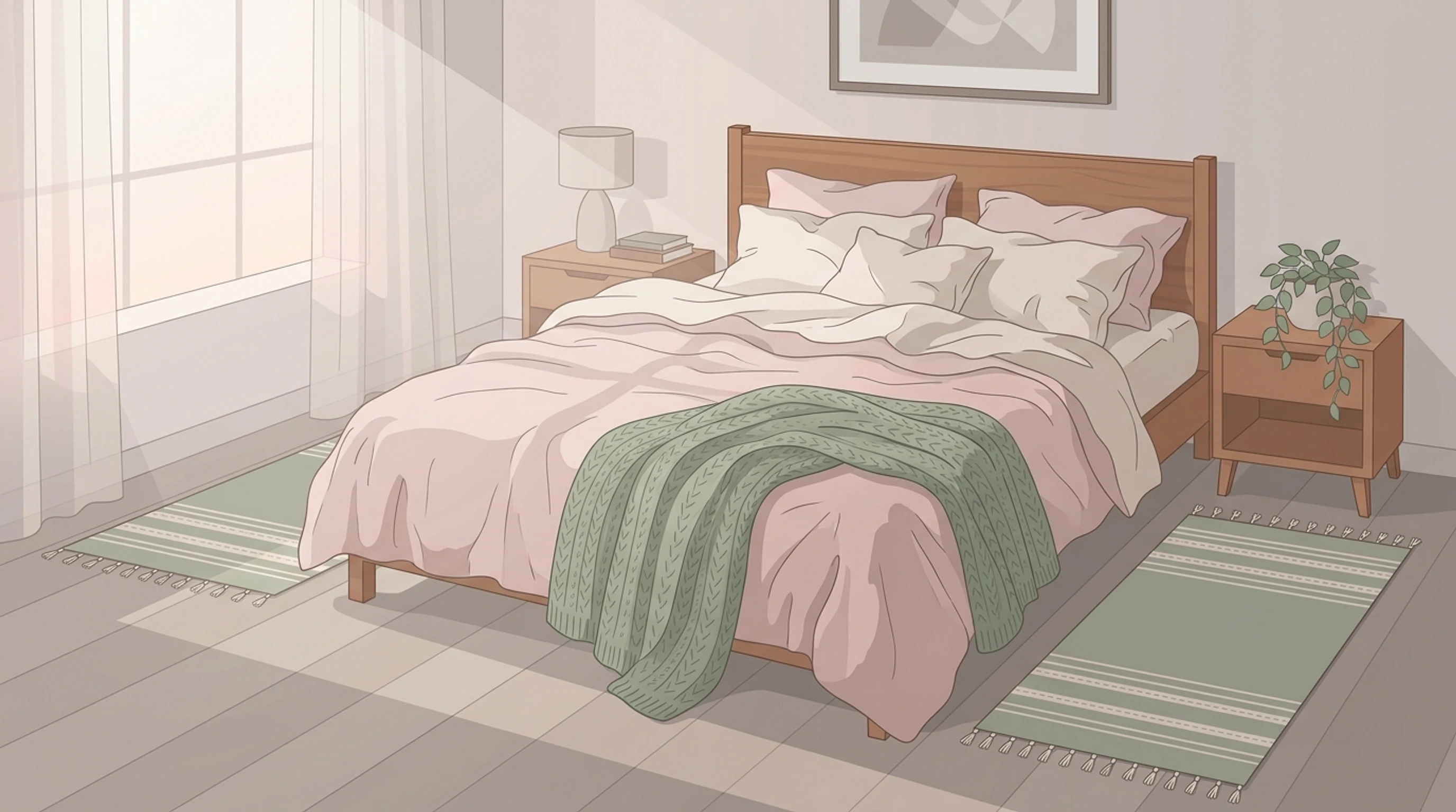 Sunlit bedroom with a pink-covered bed, a green knit throw and two narrow green striped runners on the floor either side of the bed