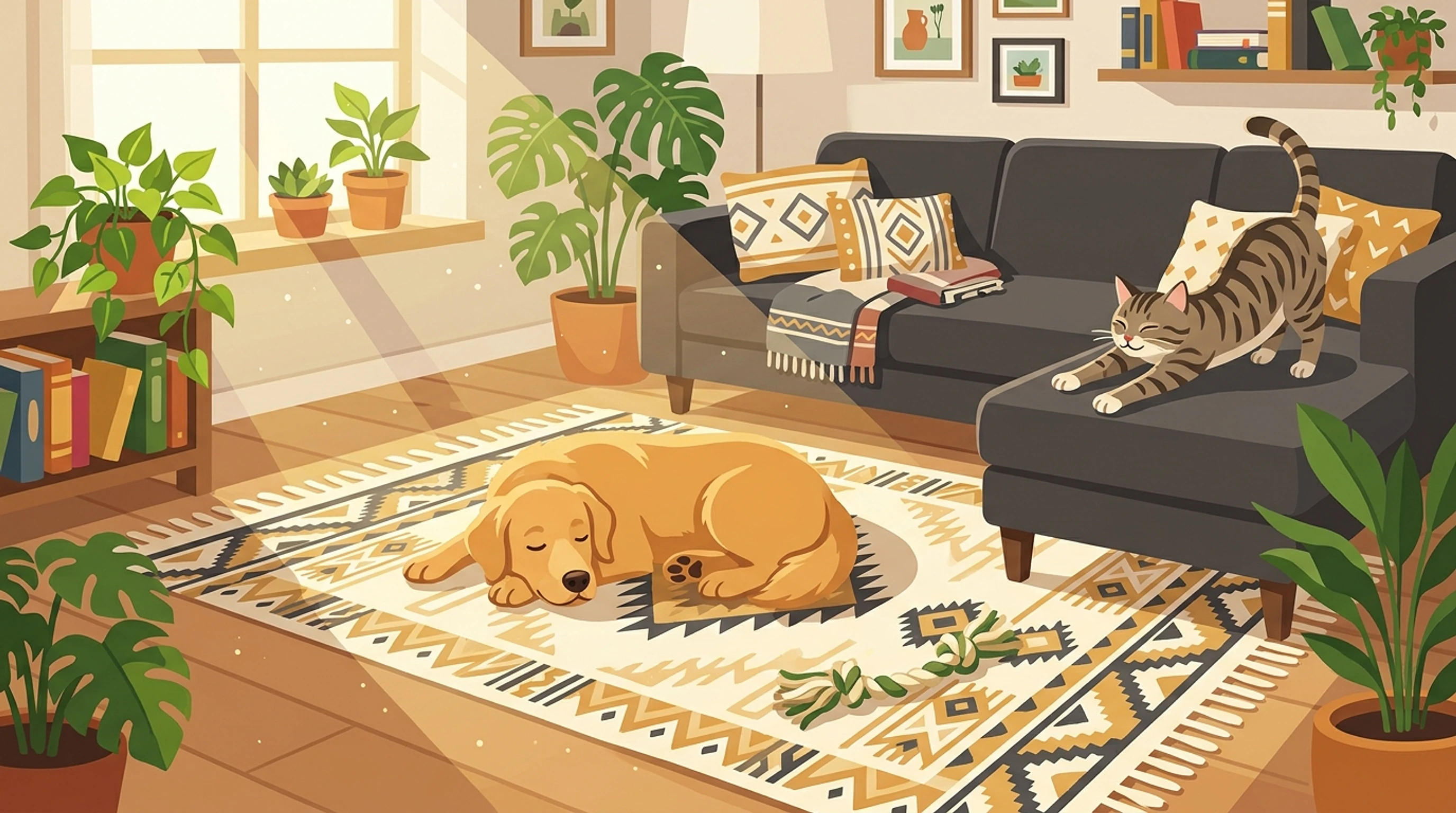 Golden dog asleep on a cream and ochre geometric rug in a sunlit living room, with a tabby cat stretched on a gray sofa
