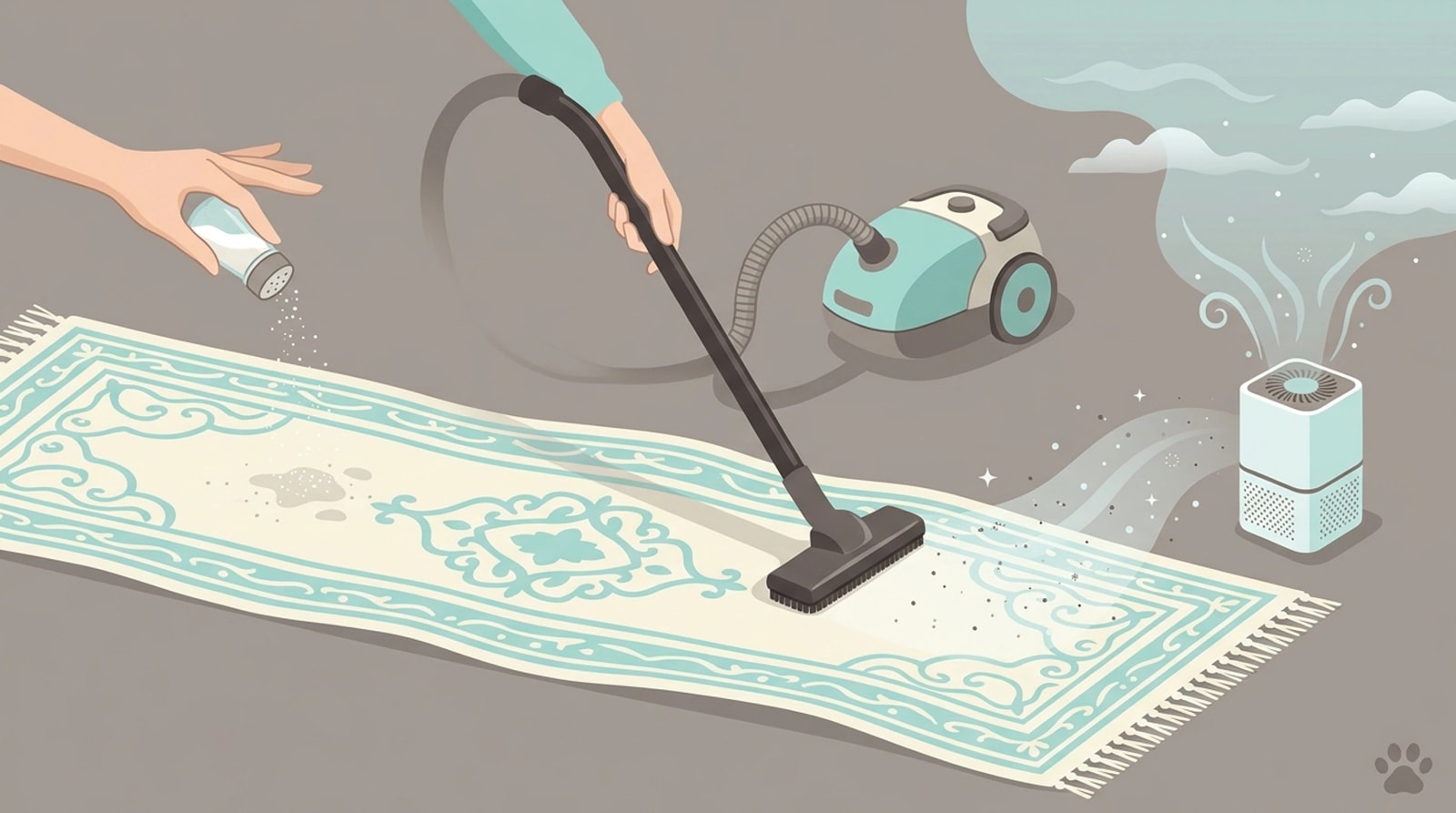 Hand sprinkling baking soda on a patterned rug, a canister vacuum working the fibers and an air purifier beside the rug