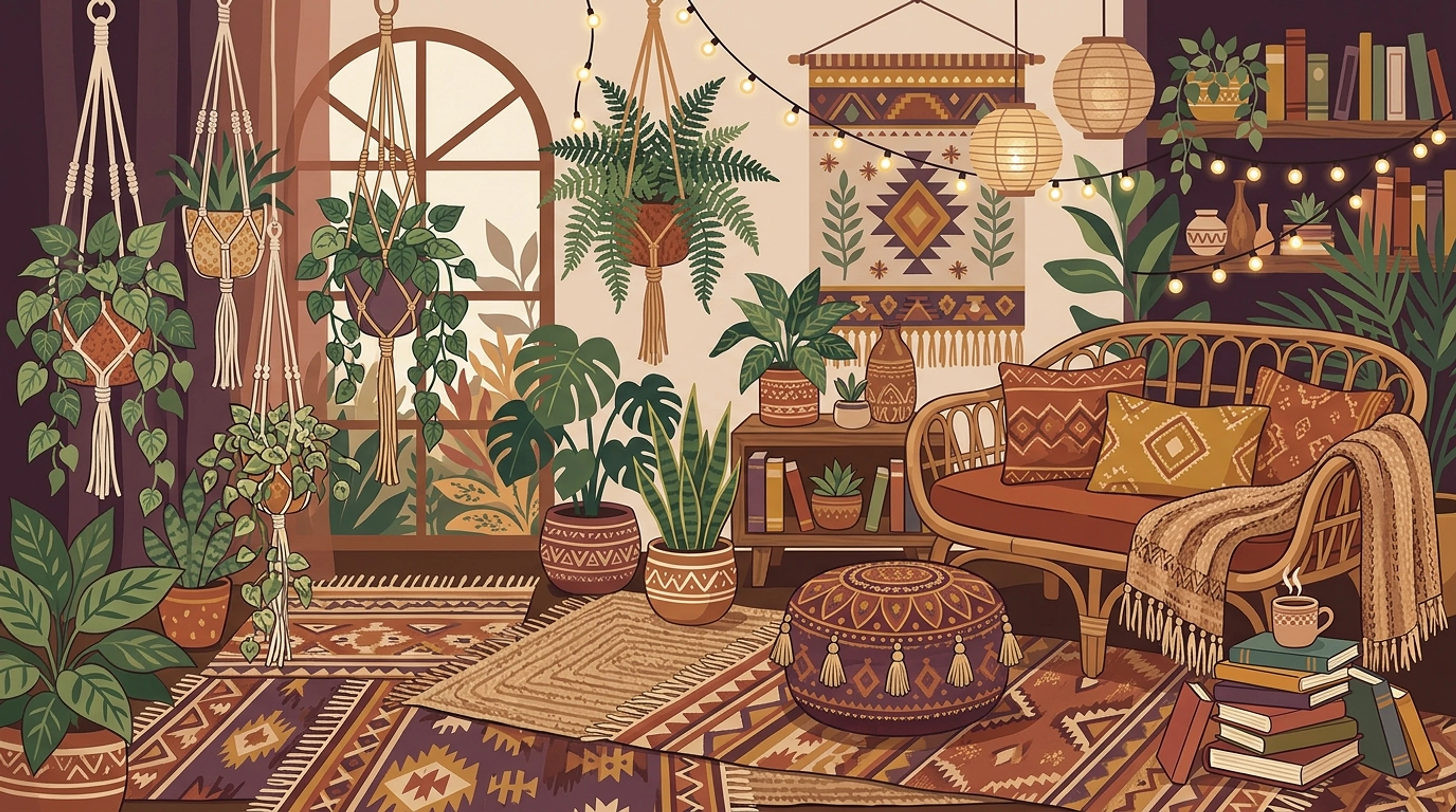 Layered bohemian reading nook with overlapping kilim and jute rugs, a tasseled pouf, macrame plant hangers, a rattan chair and fairy lights