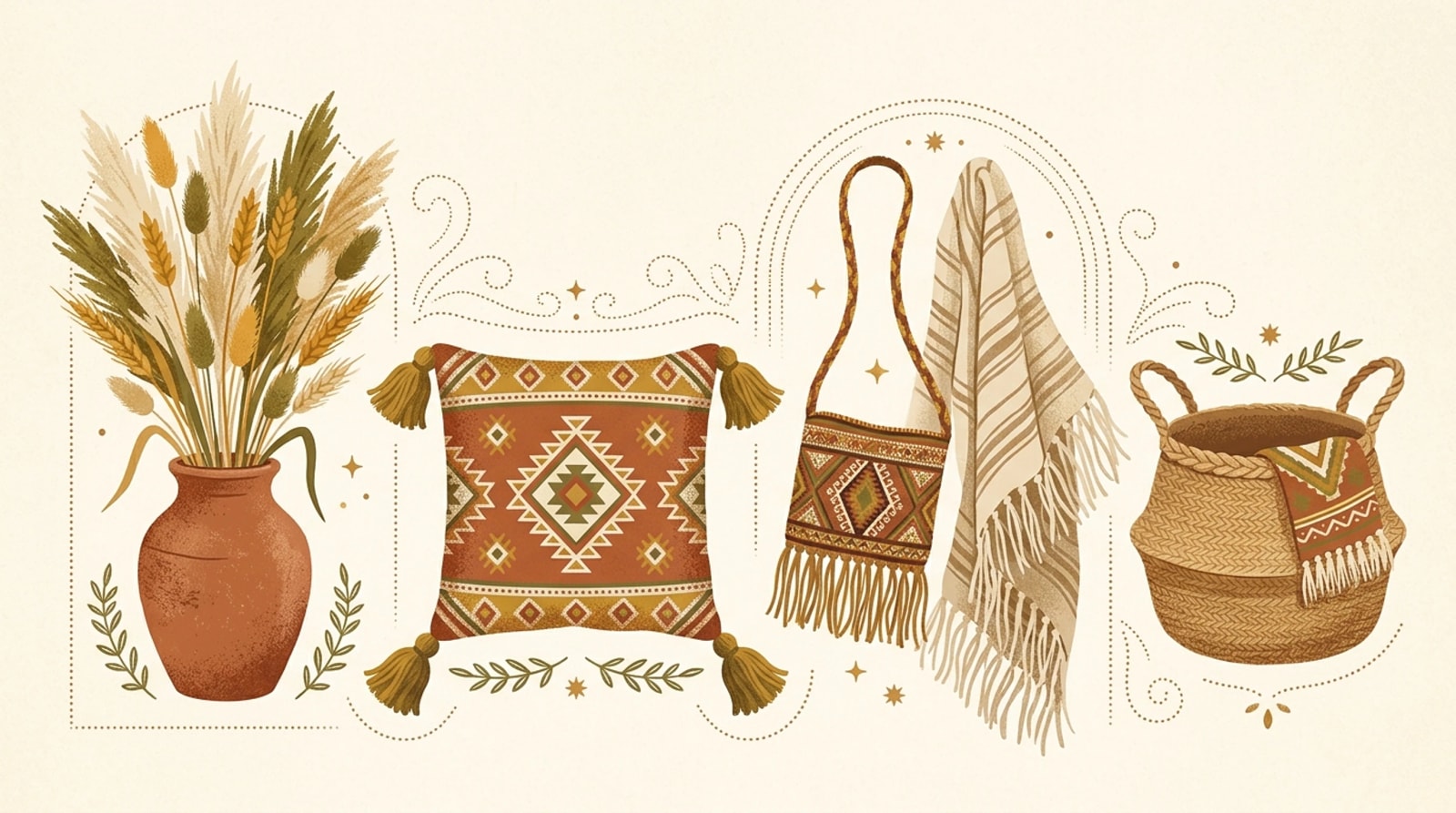 Still life of boho textile details: a tasseled cushion, fringed throw, woven basket, small kilim bag and dried grasses in a clay vase