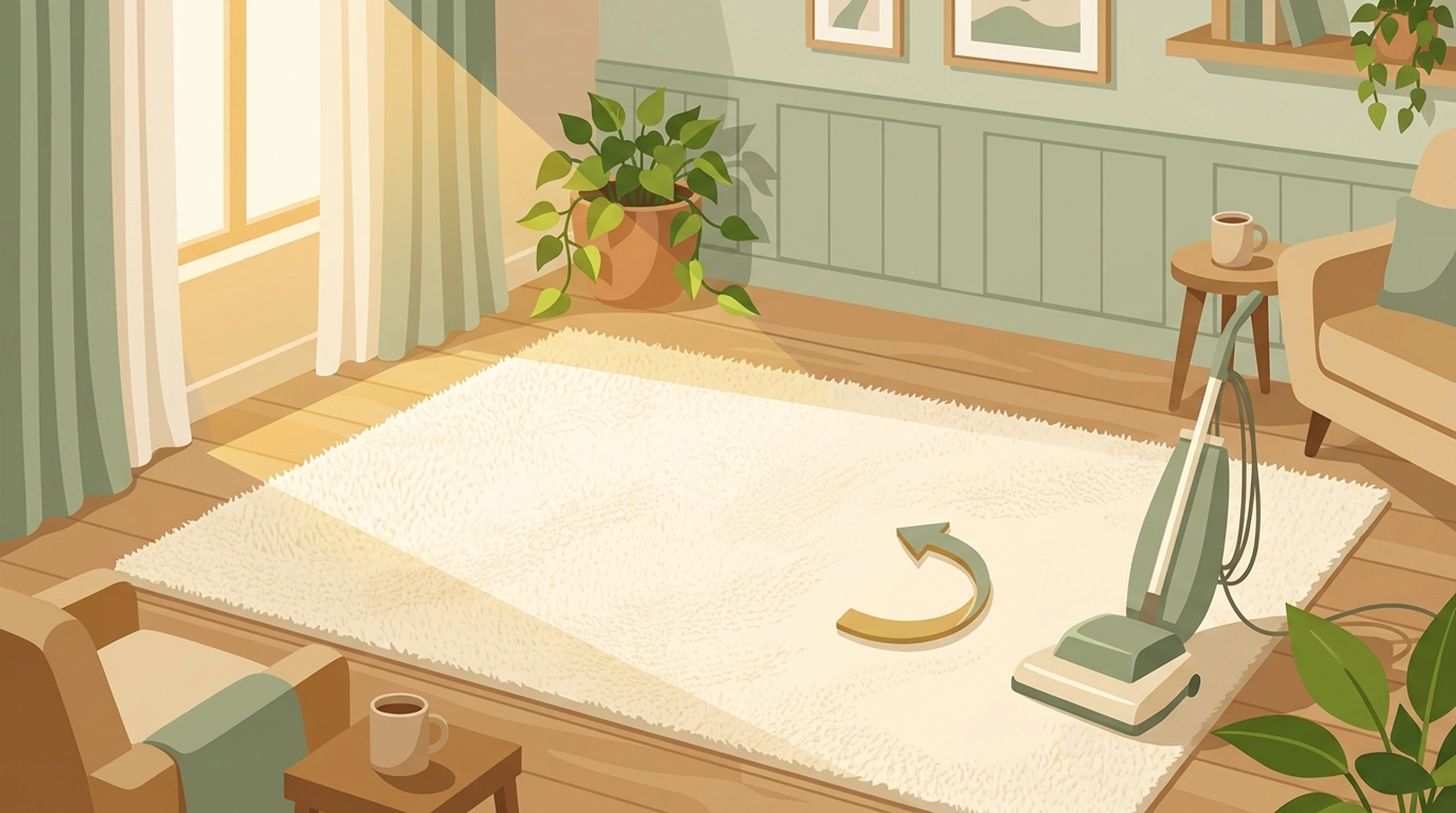 Cozy room with a cream wool rug, an upright vacuum and a curved arrow suggesting rotating the rug