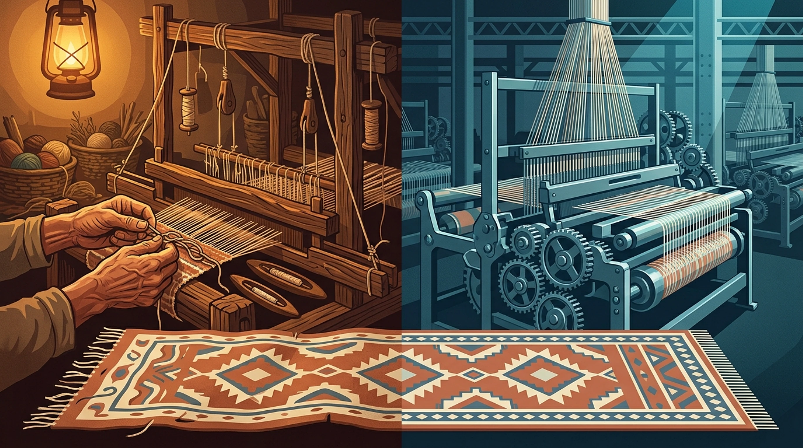 Split scene of weathered hands knotting a rug on a hand loom beside a mechanical power loom