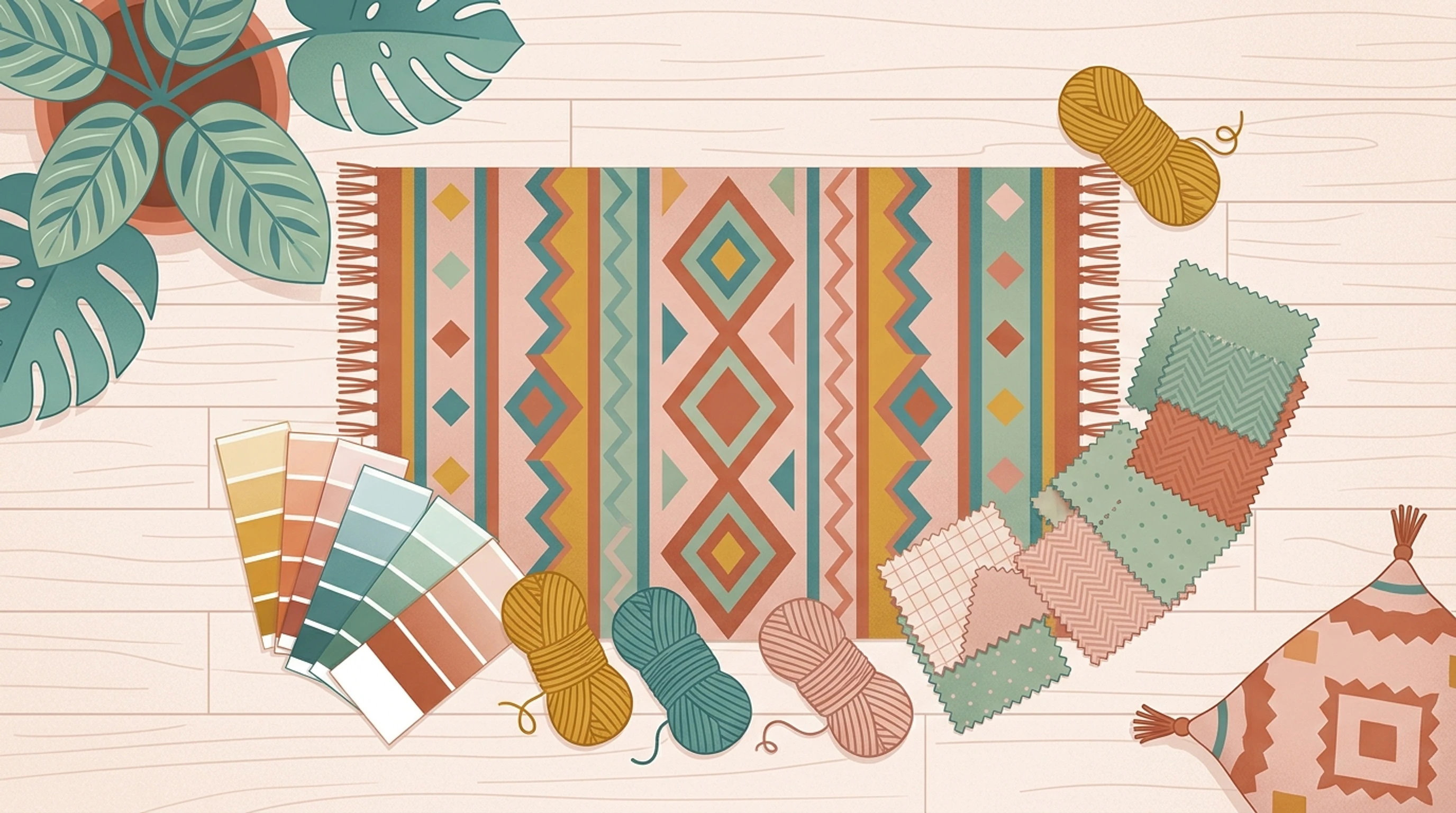 Patterned rug surrounded by paint chips, yarn skeins and fabric swatches in a harmonious arc