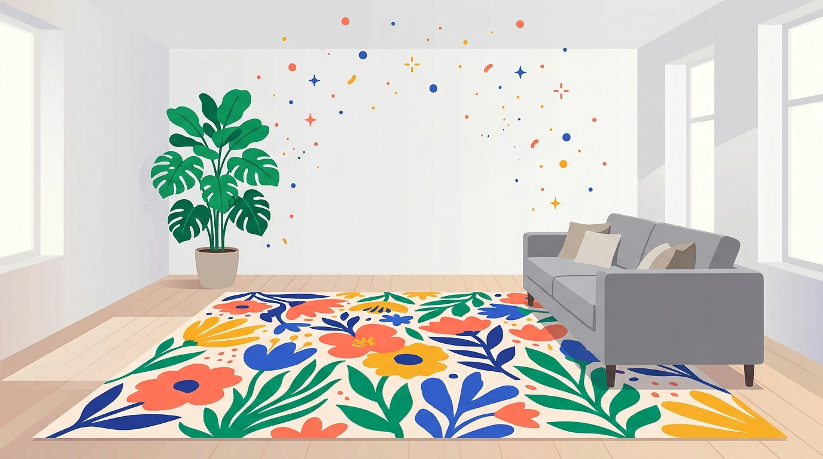 Neutral white living room brought to life by one vibrant rug in coral, cobalt, saffron and emerald floral shapes, with a gray sofa and a large plant