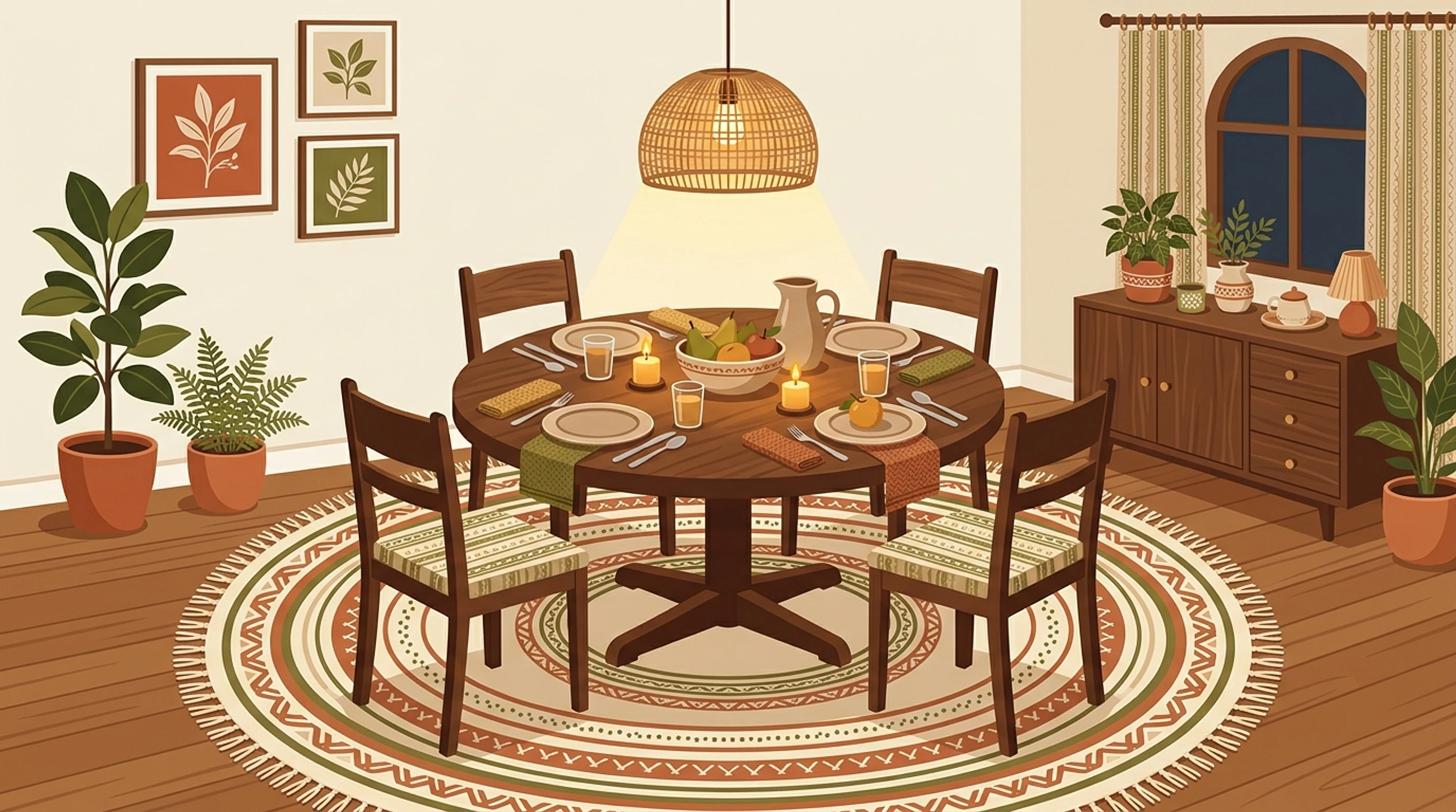 Round dining table set for a meal on a large round patterned rug in a warm dining room