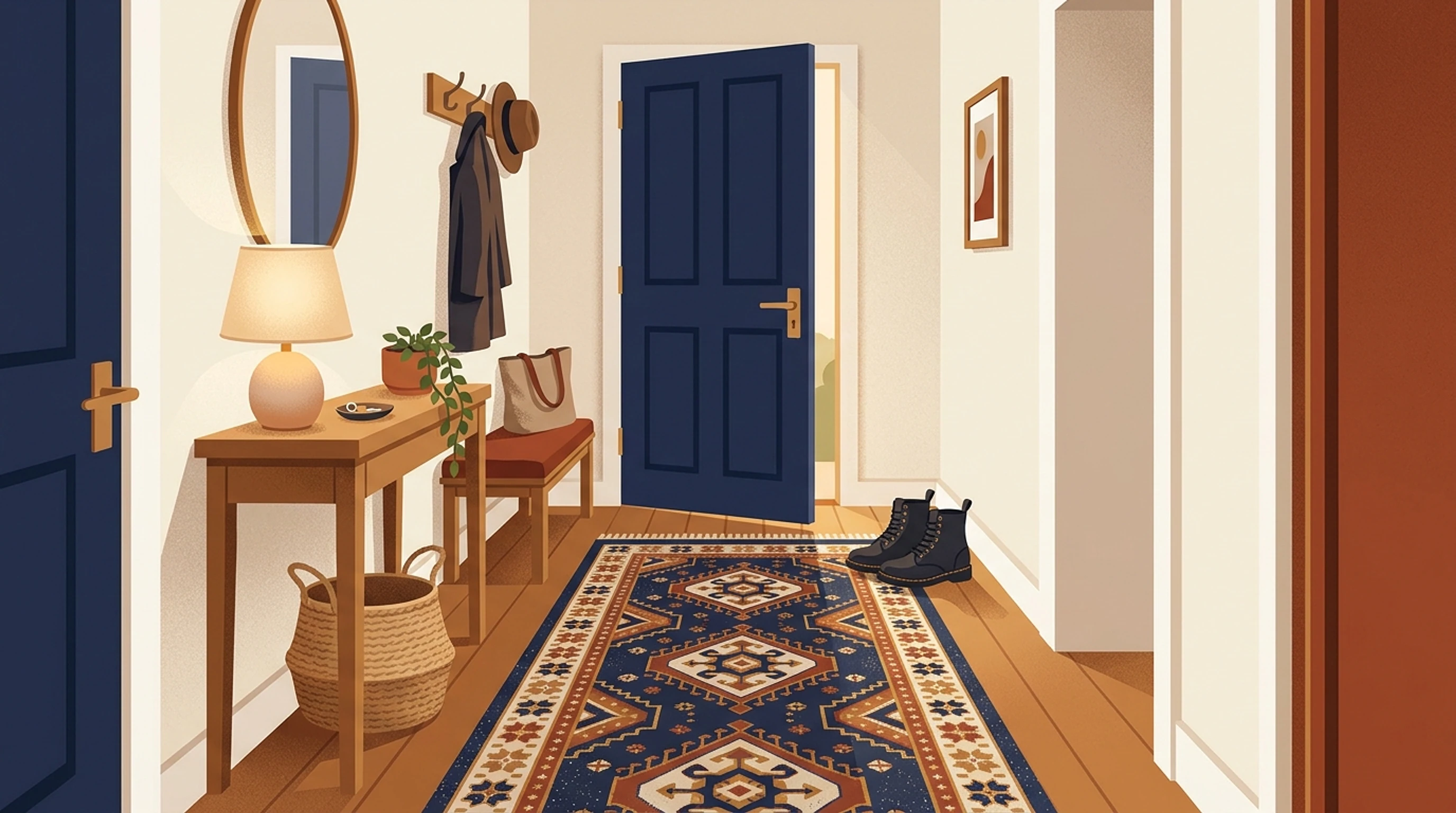 Narrow entryway with a front door ajar, console table, bench and a low-pile wool rug