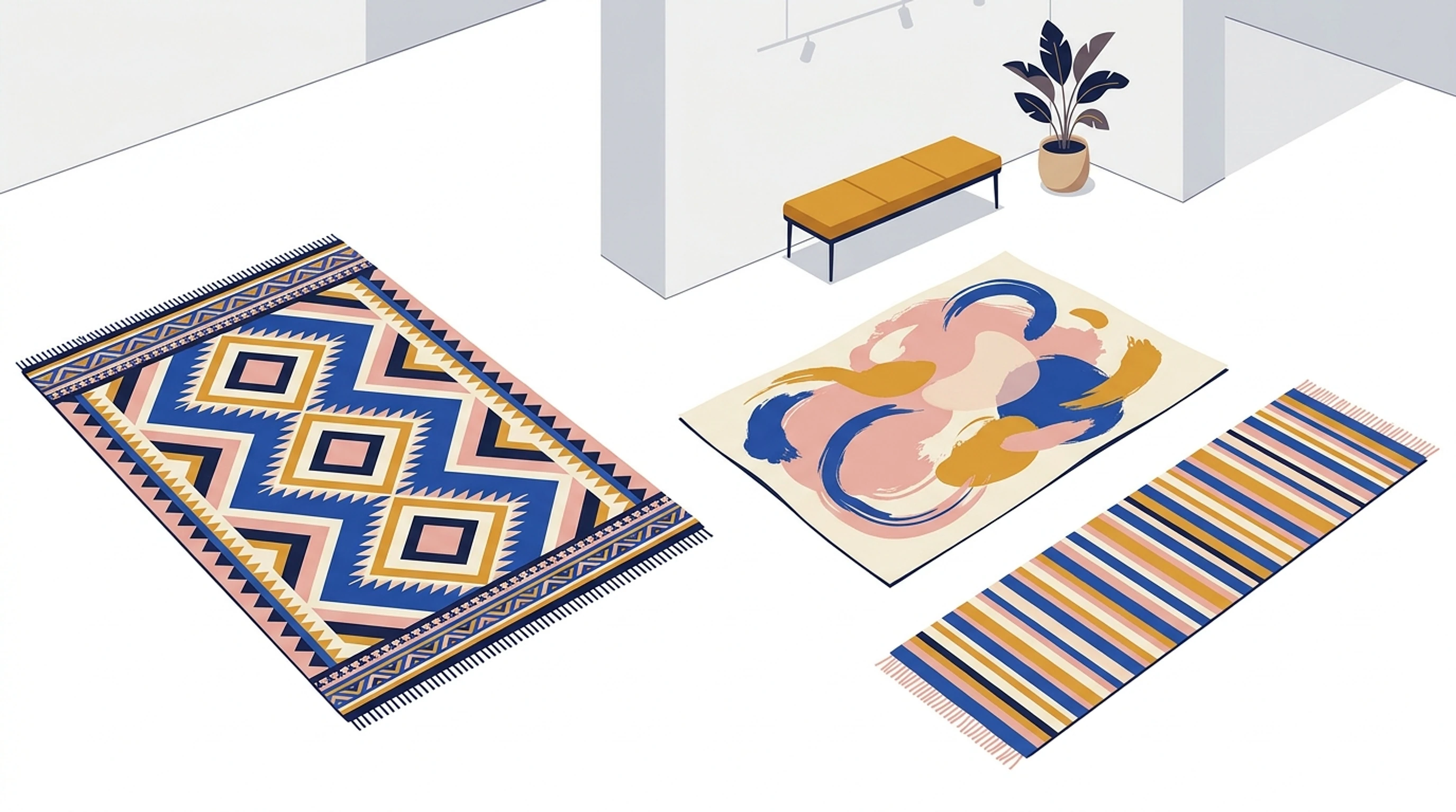Three rugs laid out like a modern art exhibit: a geometric diamond rug, a painterly abstract rug and a striped runner, with a minimalist bench and plant