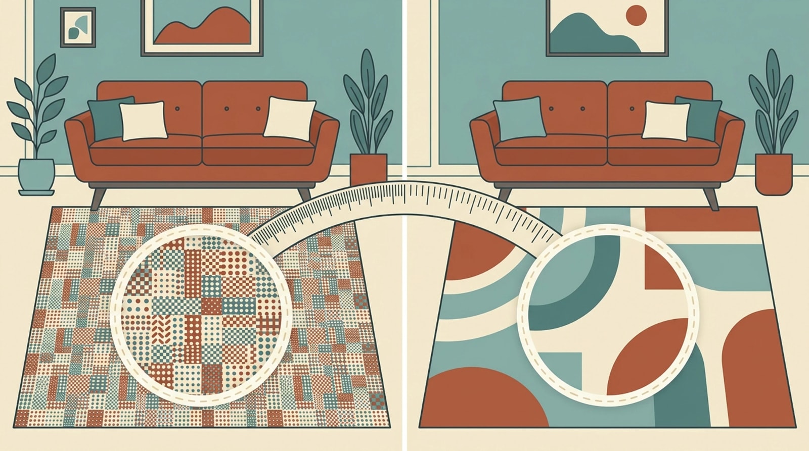 The same sofa shown twice, once with a small busy-pattern rug and once with a large calm pattern, with circles highlighting the pattern scale