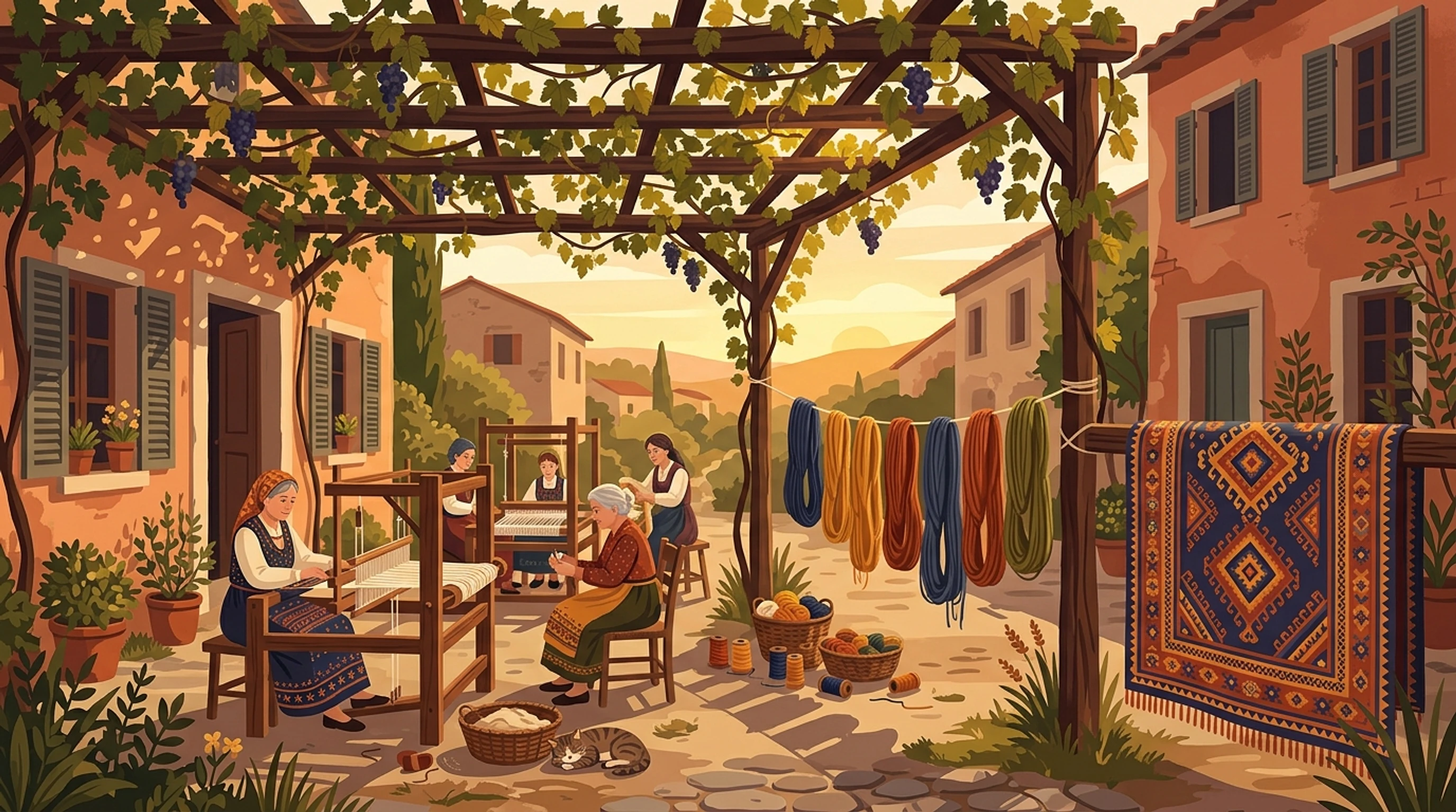 Village workshop courtyard with weavers at wooden looms beneath a vine-covered pergola, hanks of dyed yarn on a line and a nearly finished rug draped over a rail