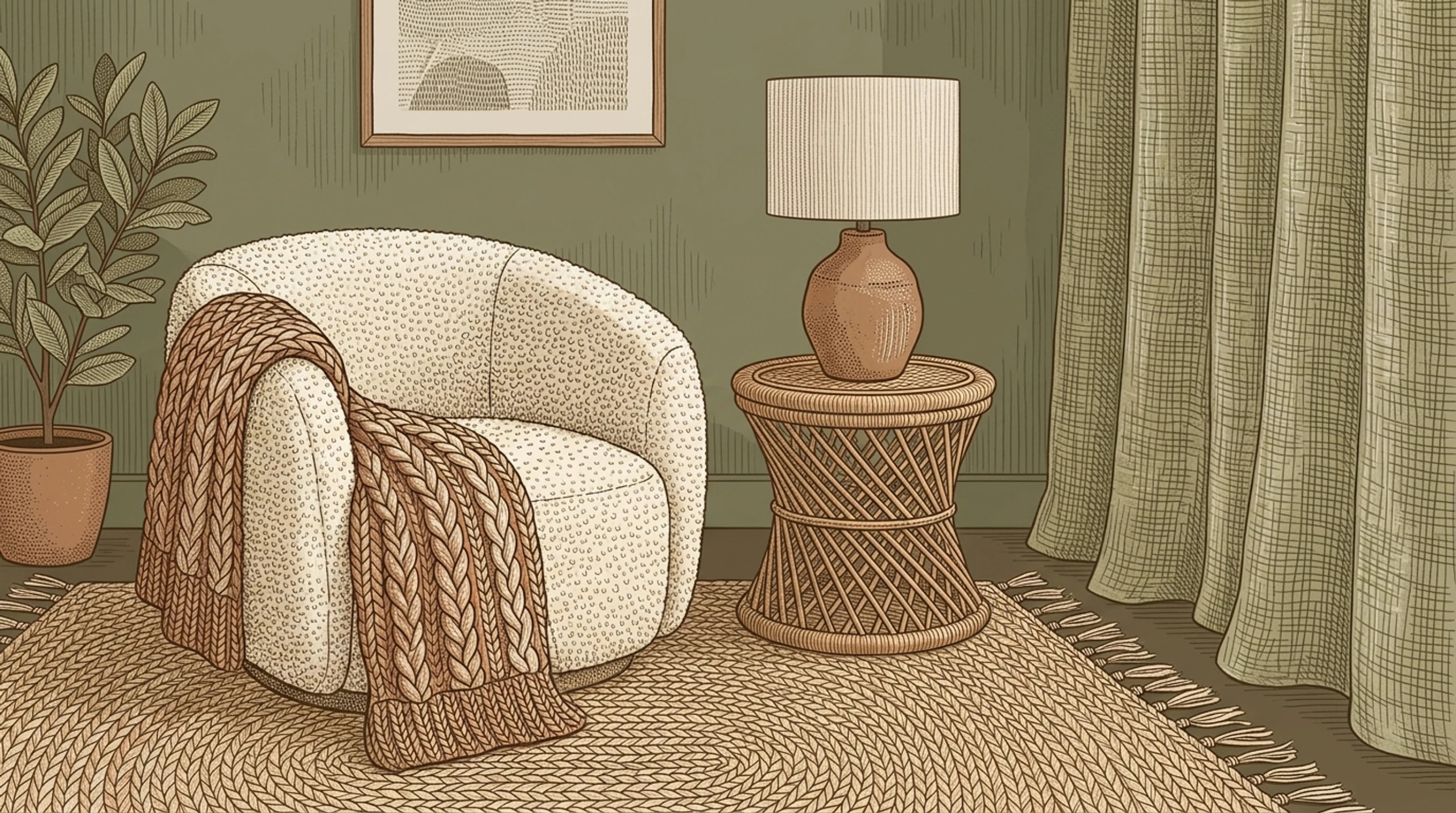 Cream bouclé armchair with a knitted throw on a jute rug beside a rattan side table and linen curtains