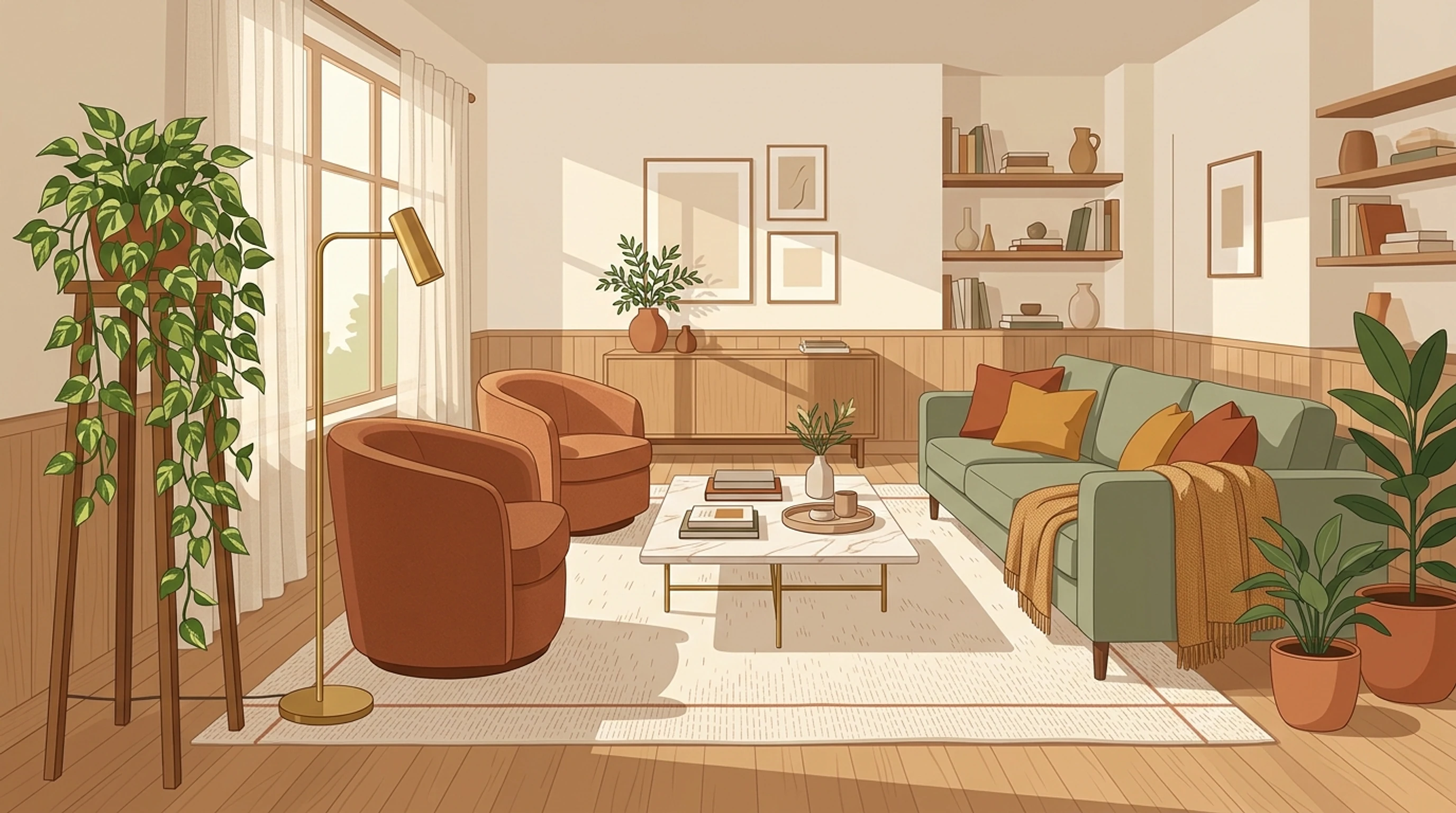 Living room with a sage sofa, armchairs and coffee table gathered on a large wool rug