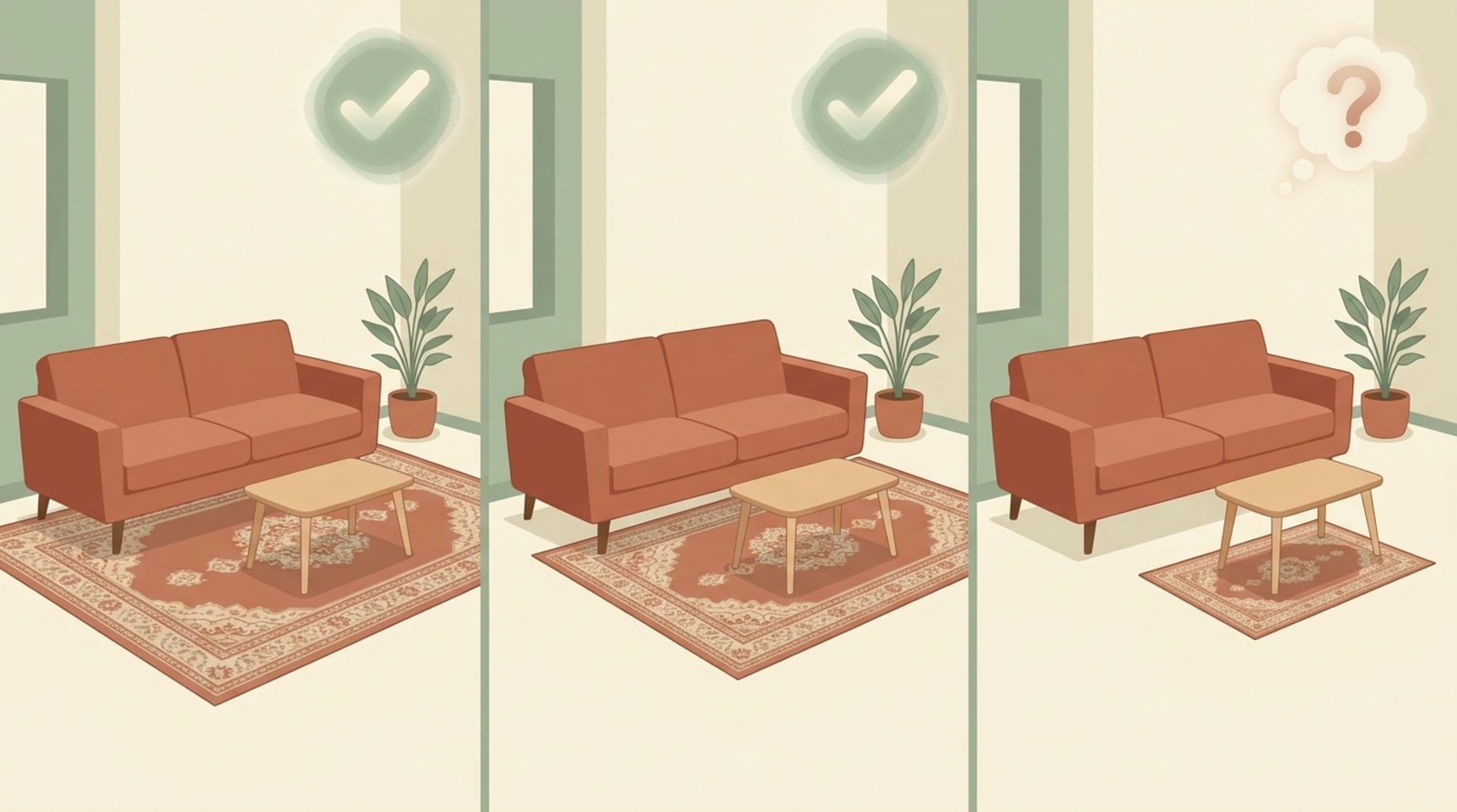 Three living room layouts compared: rug under all legs, under the front legs, and a small floating rug