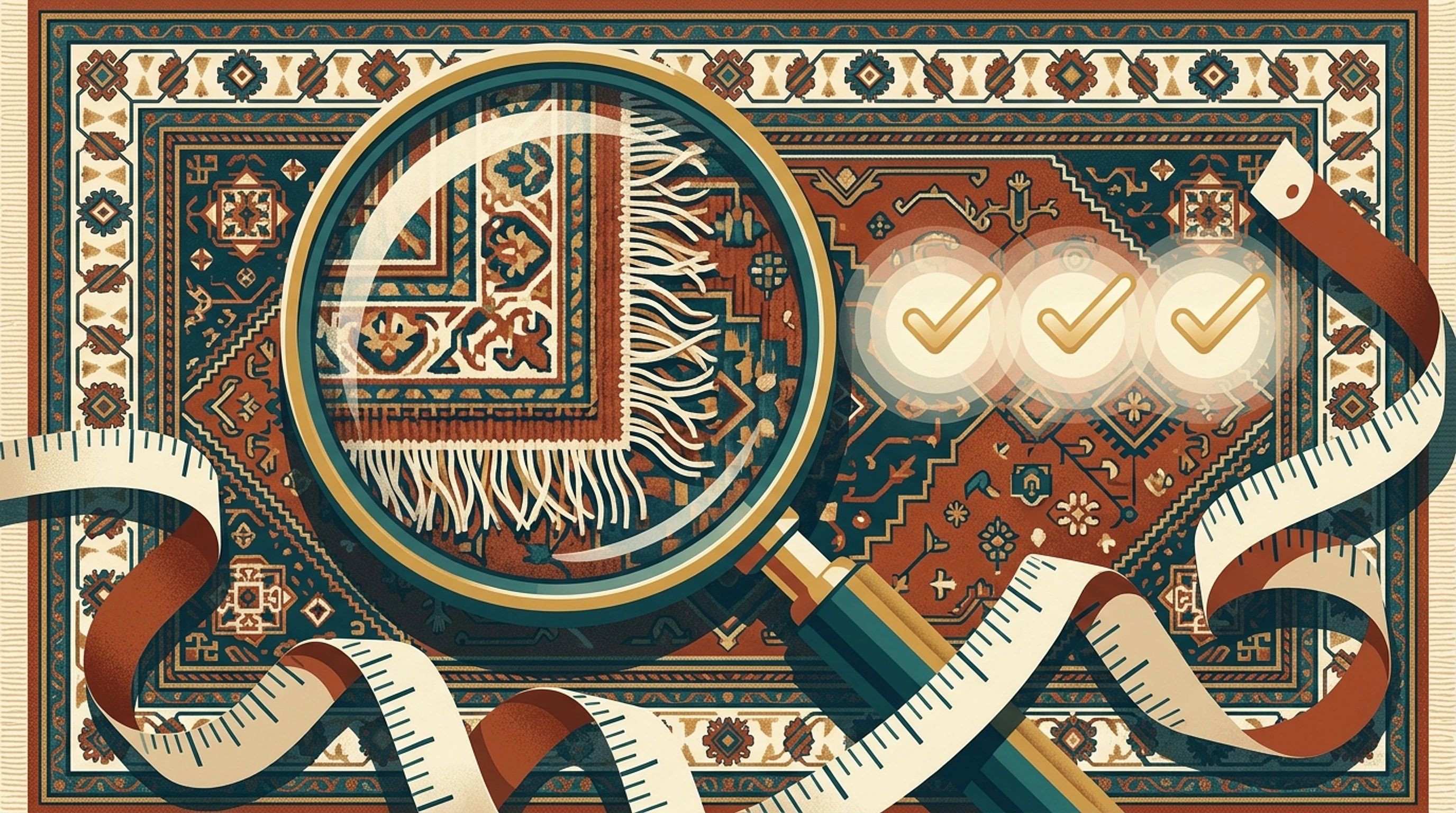 Ornate red and blue rug seen through a magnifying glass showing its fringe, with measuring tape and gold check marks