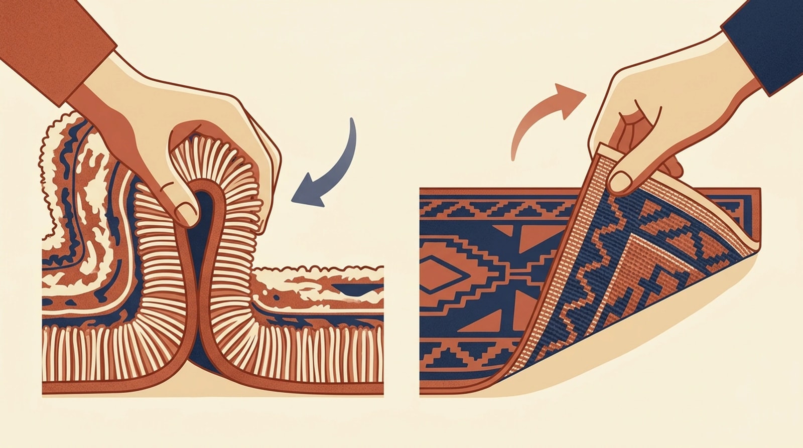Two close-ups of a rug: on the left a hand lifts the pile to show the knots, on the right a hand turns back the edge to show the backing and weave