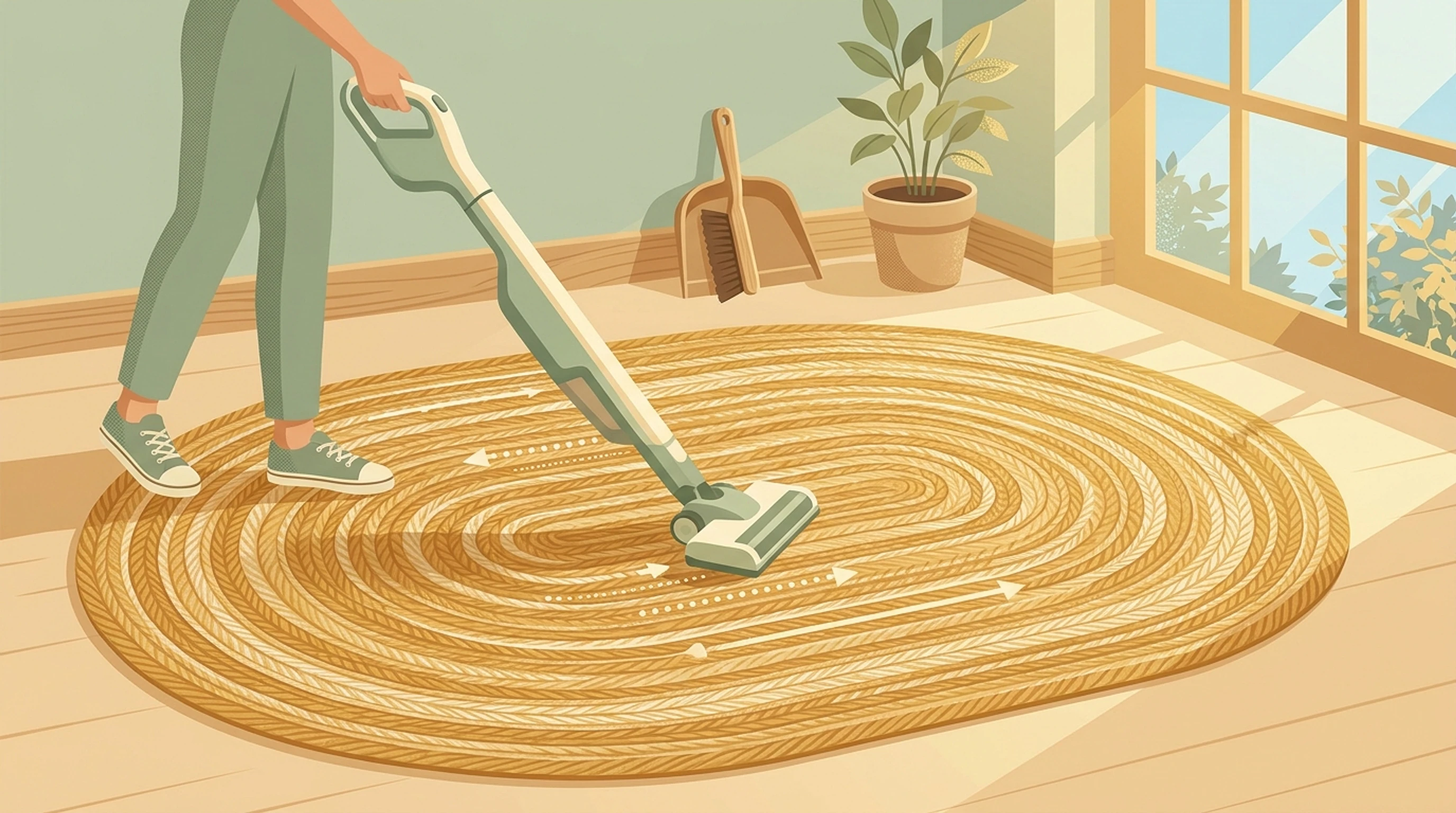 Sunny room with a braided golden jute rug being vacuumed along the weave, with a dustpan and soft brush against the wall