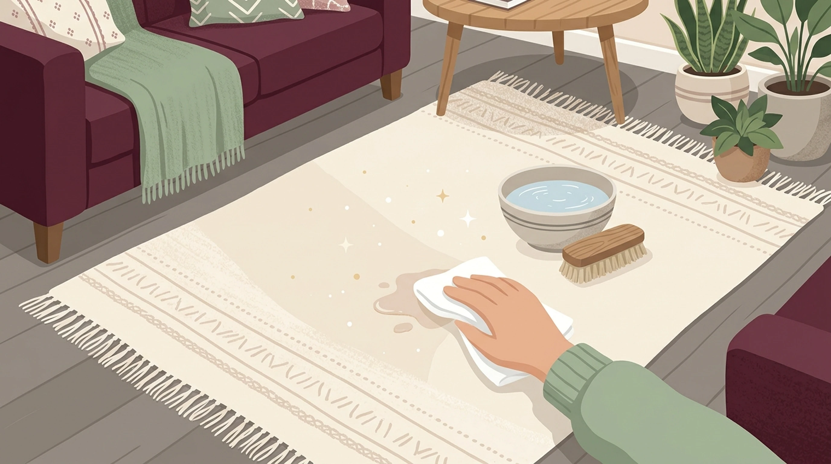 Living room with a cream wool rug, a hand blotting a small spill with a white cloth beside a bowl of water and a soft brush