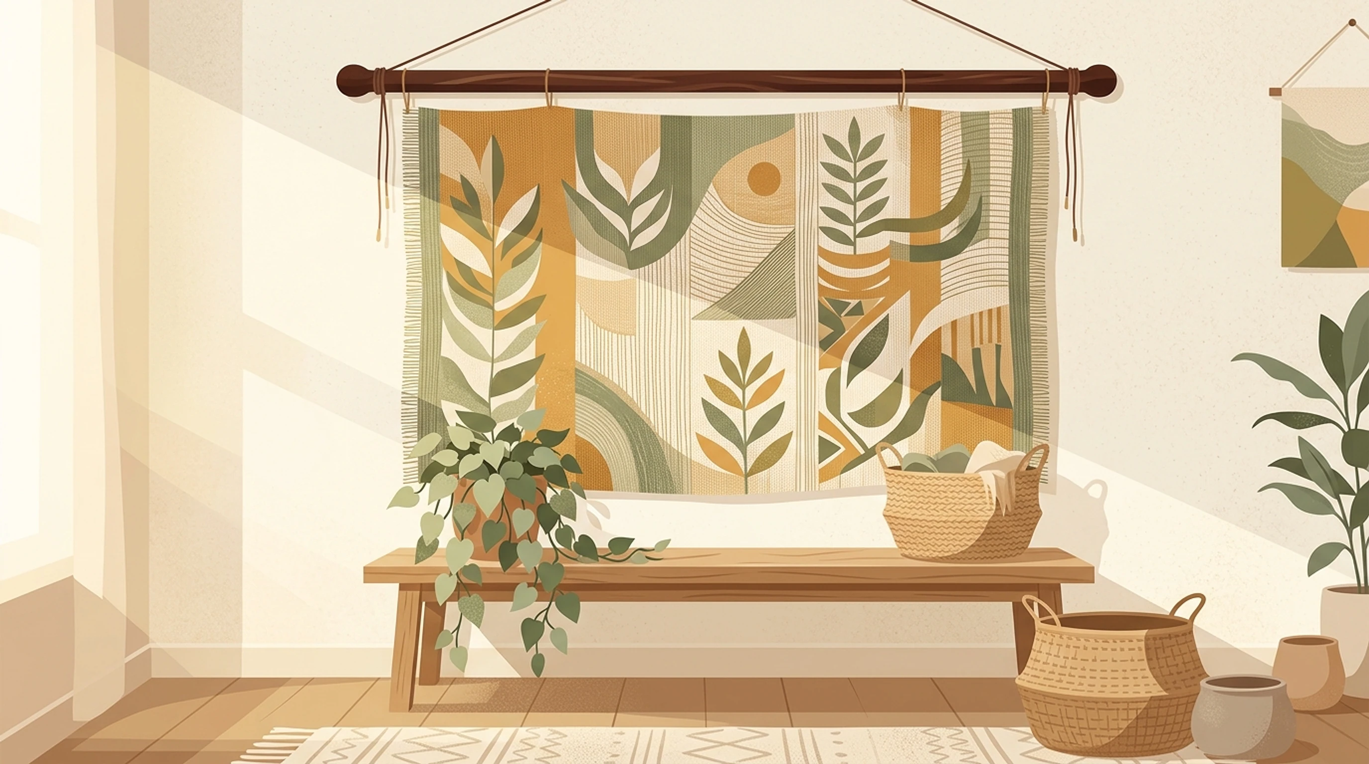 Bright room with a woven tapestry hanging from a wooden rod above a bench with a basket and plant