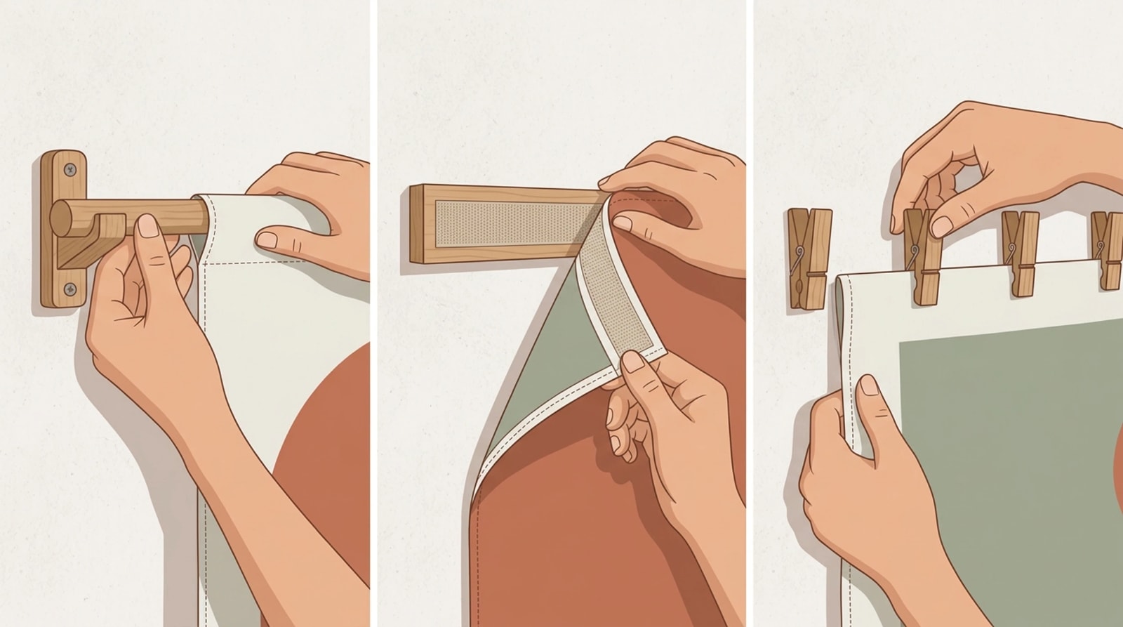Three ways to hang a tapestry: a cotton sleeve on a rod, hook-and-loop tape on a batten, and wooden clips