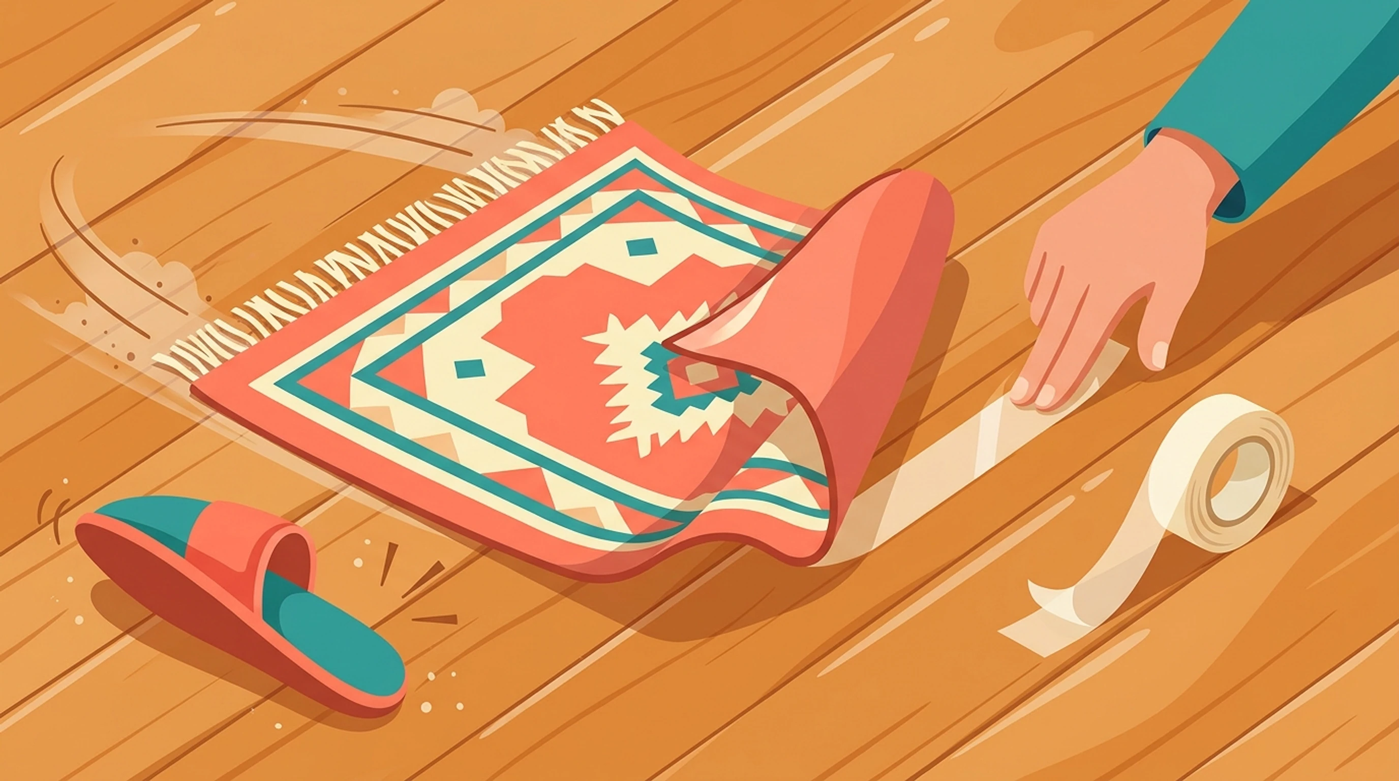 Wooden floor with a slid rug whose corner has curled up while a hand presses rug tape toward the corner