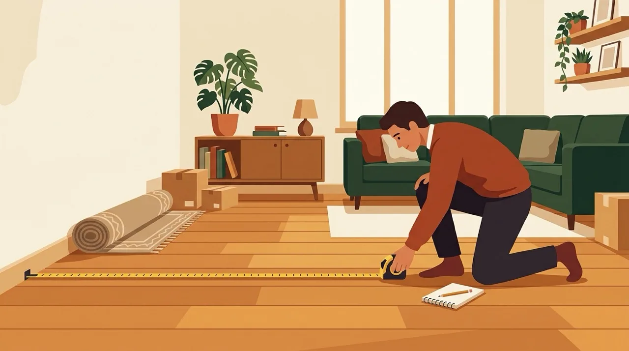 Person kneeling on a wooden floor with a tape measure stretched across a living room