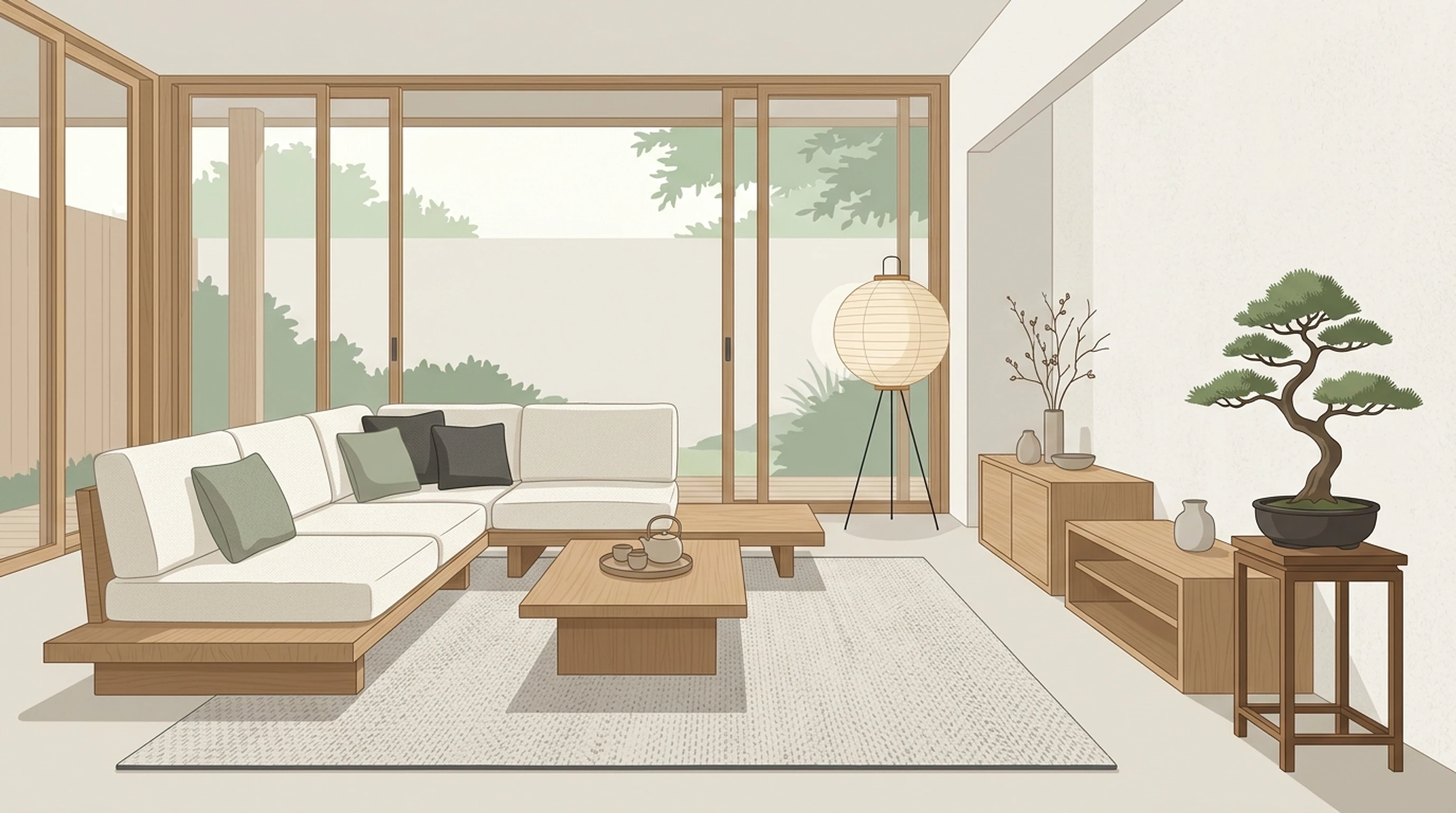 Calm Japandi living room with a cream modular sofa, a low wooden table, a paper lantern and a bonsai on a wooden stand beside a light textured rug