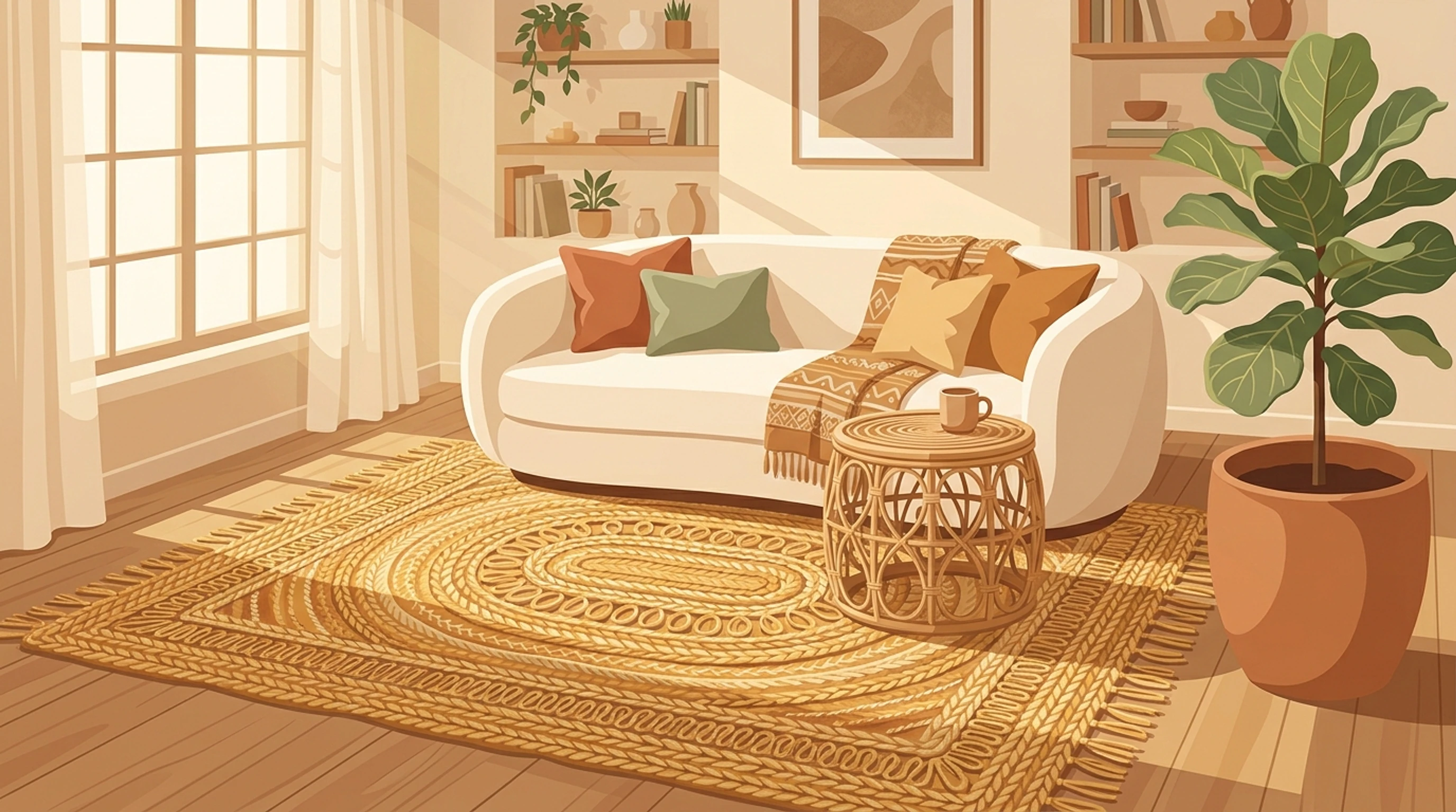 Sunlit living room with a large golden jute rug under a cream sofa, rattan table and potted fig