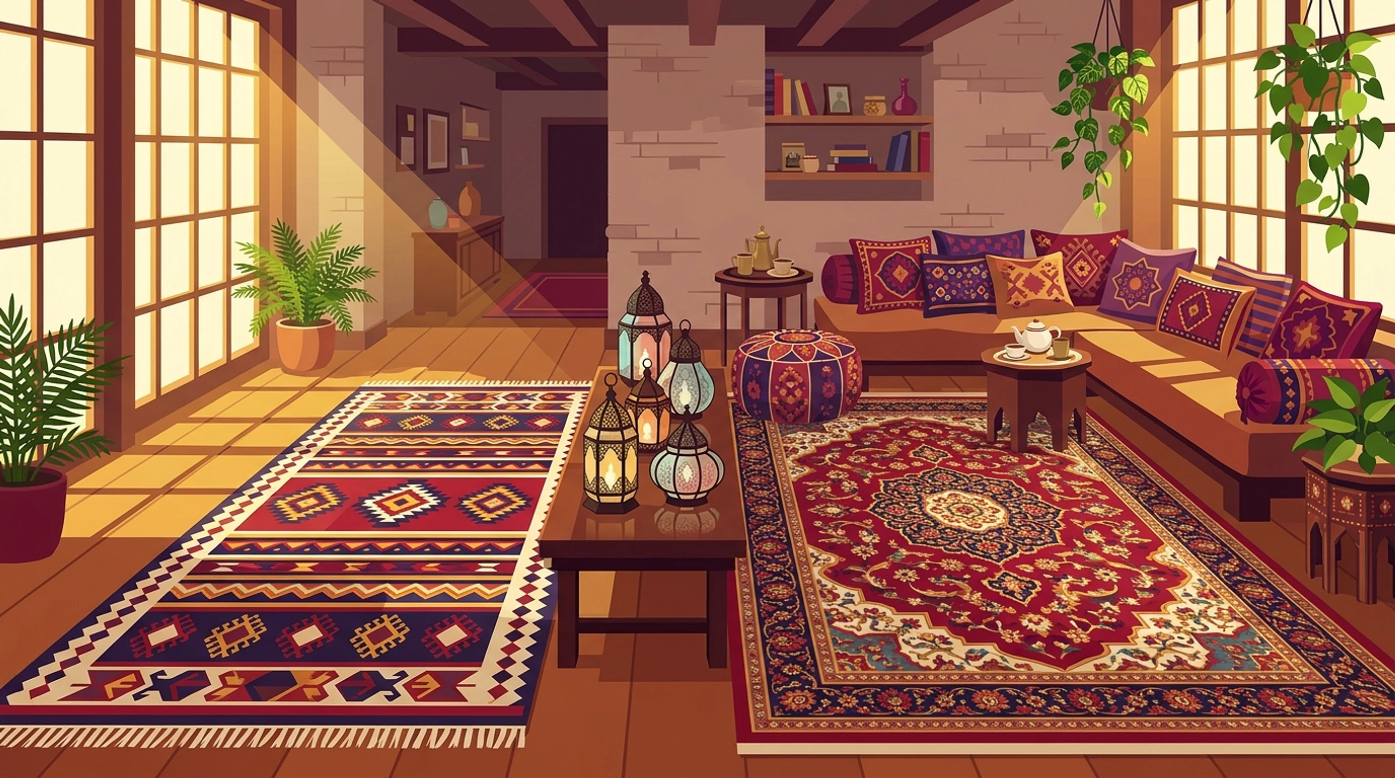 Sun-filled sitting room with a flat-woven kilim runner beside a medallion Persian-style rug and a bench with glass lanterns