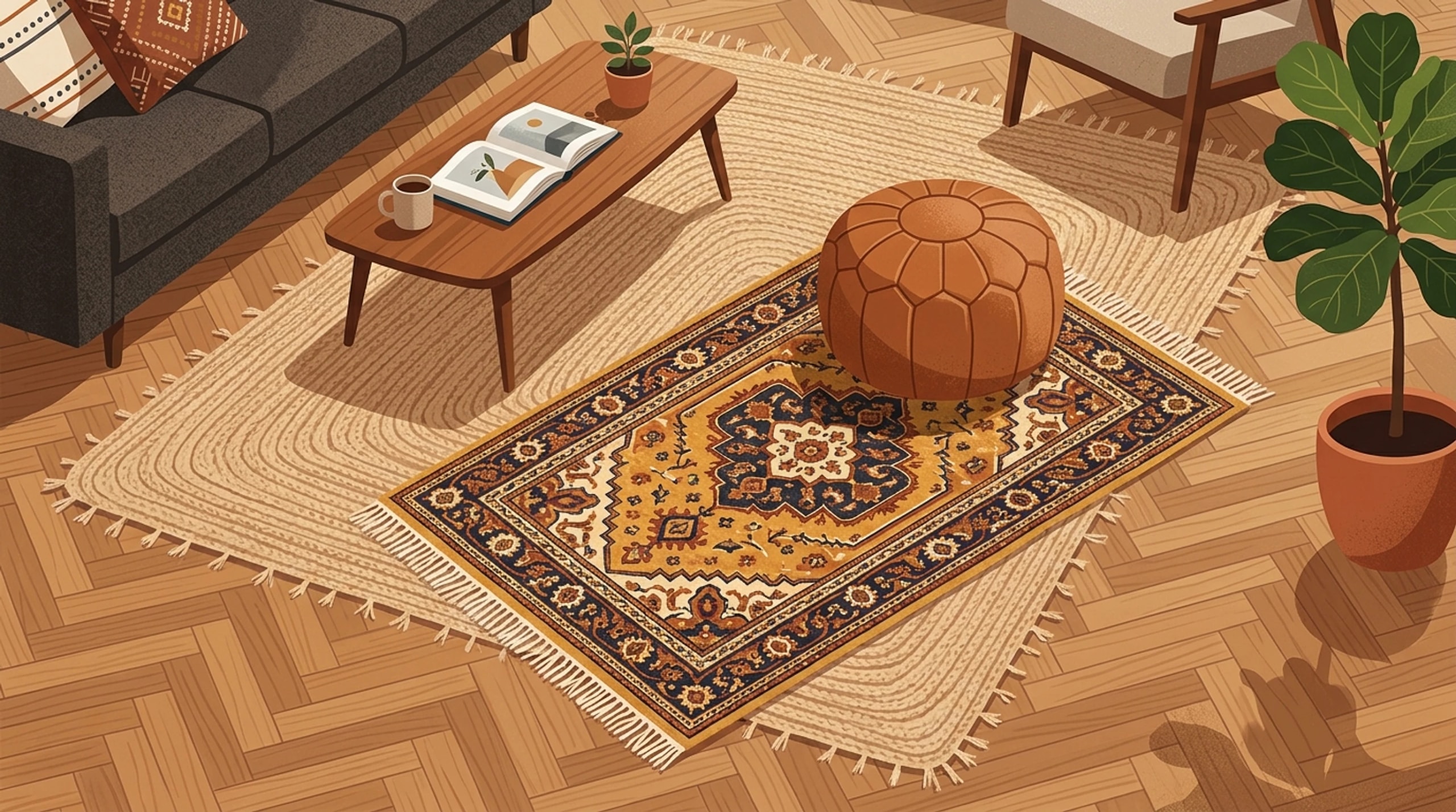 Living room with a patterned rug layered over a large braided jute rug on a herringbone floor, with a leather pouf and coffee table