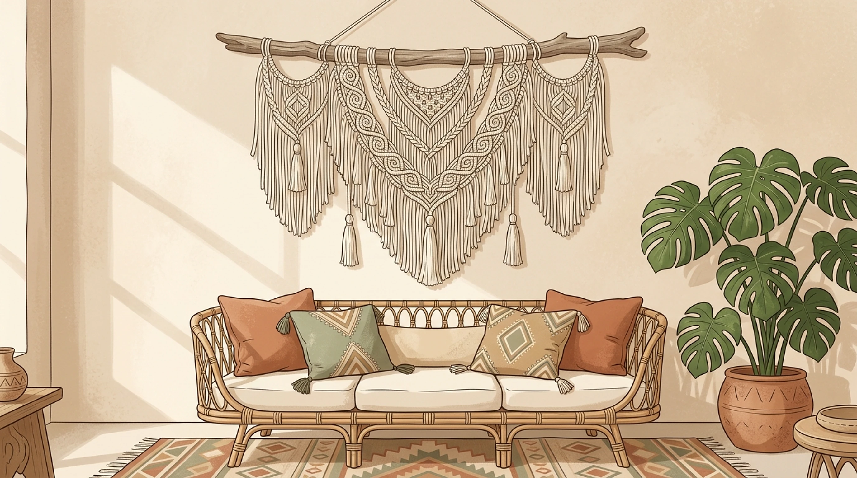 Large cream macrame wall hanging on a driftwood branch above a rattan sofa and a monstera plant