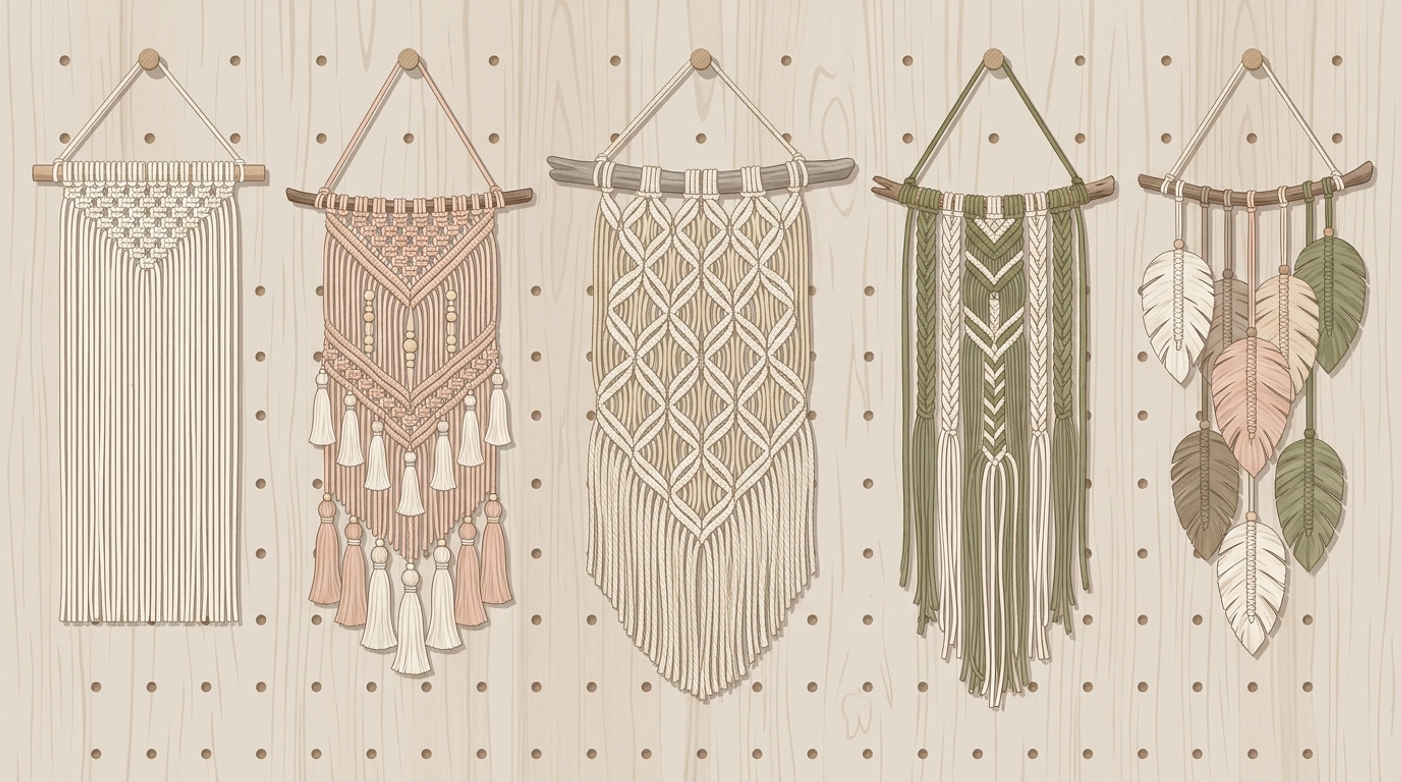 Pegboard wall displaying five macrame pieces from a minimalist fringe panel to feather and diamond designs