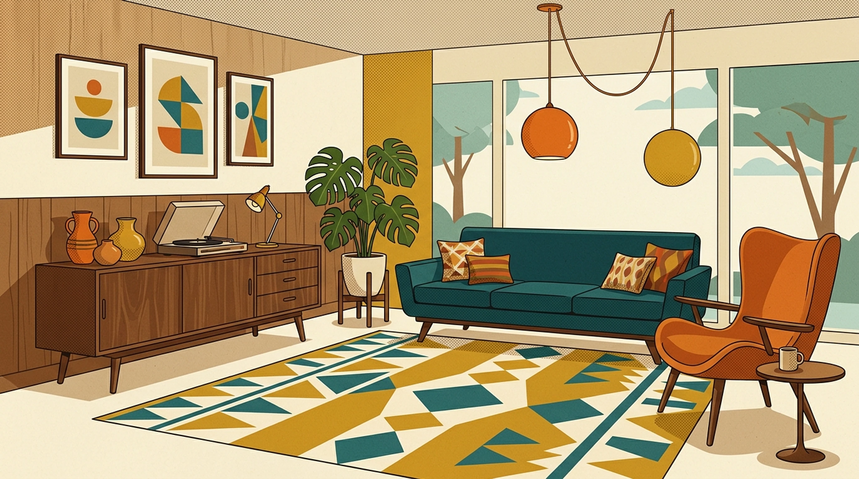 Mid-century modern living room with a teak sideboard, sculptural armchair, orange globe pendant light and a geometric rug in mustard, teal and cream