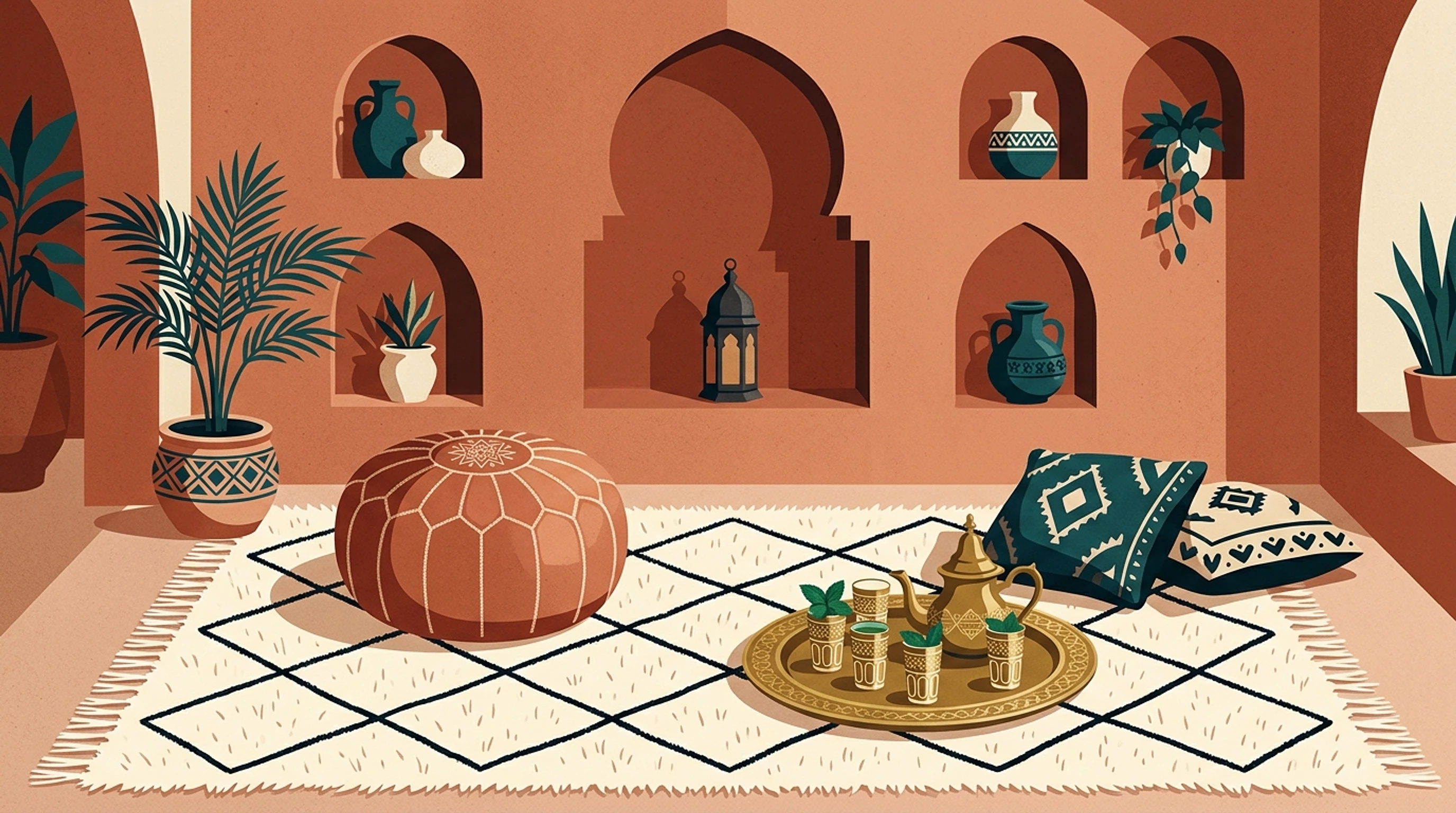 Moroccan-inspired interior with a cream diamond-lattice rug, a leather pouf, a brass tea tray and arched niches in a terracotta wall