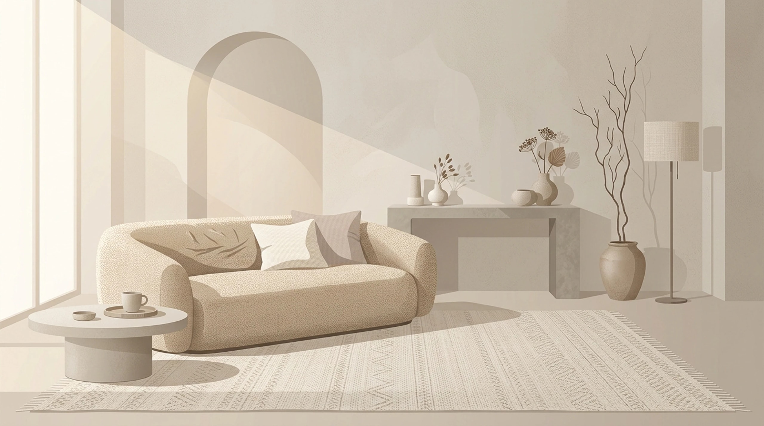 Serene tonal living room in creams, oatmeal and greige with a textured low-pile neutral rug, a bouclé sofa and a plaster console