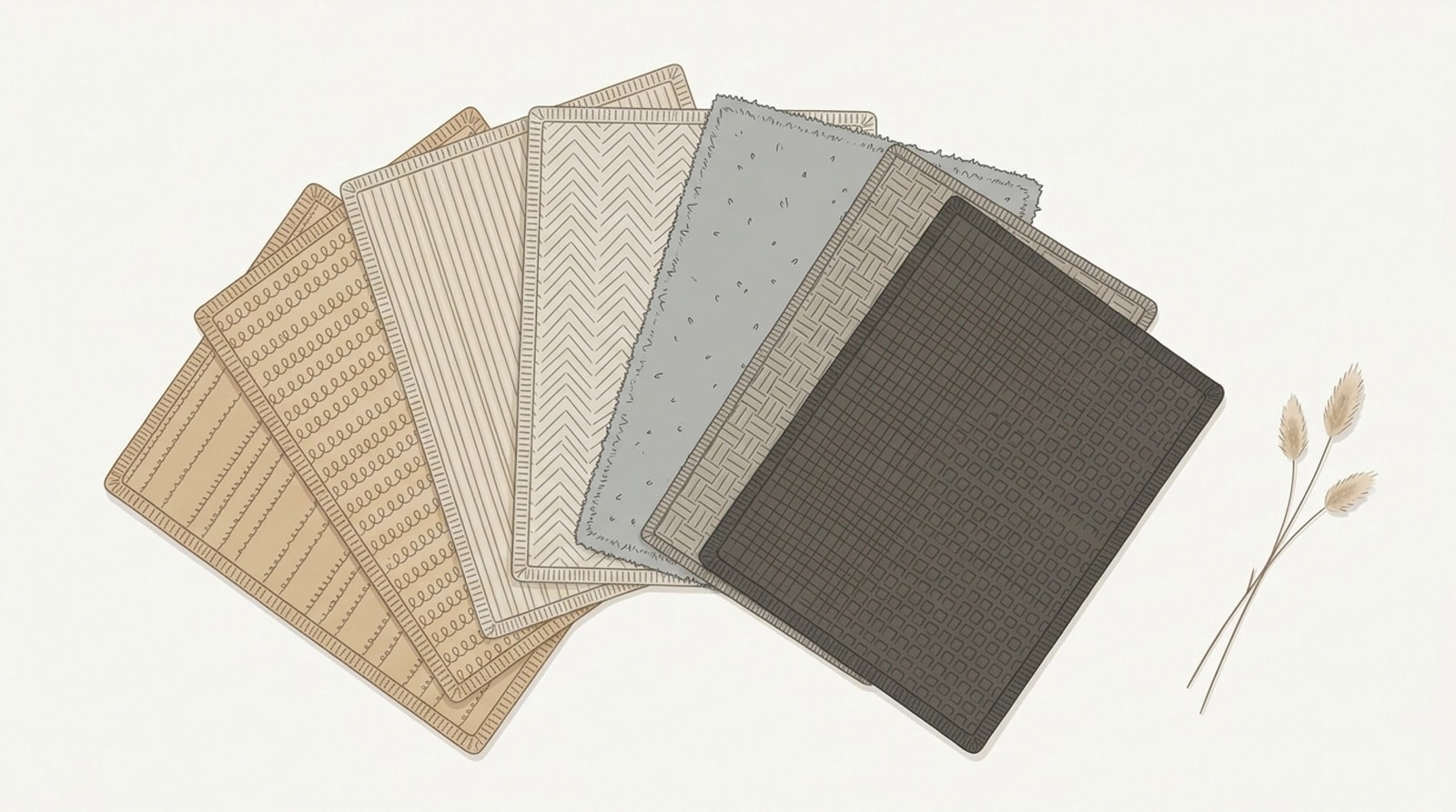Fan of neutral rug swatches from warm sand to cool gray in loops, ribs, herringbone and shag, with a sprig of dried grass