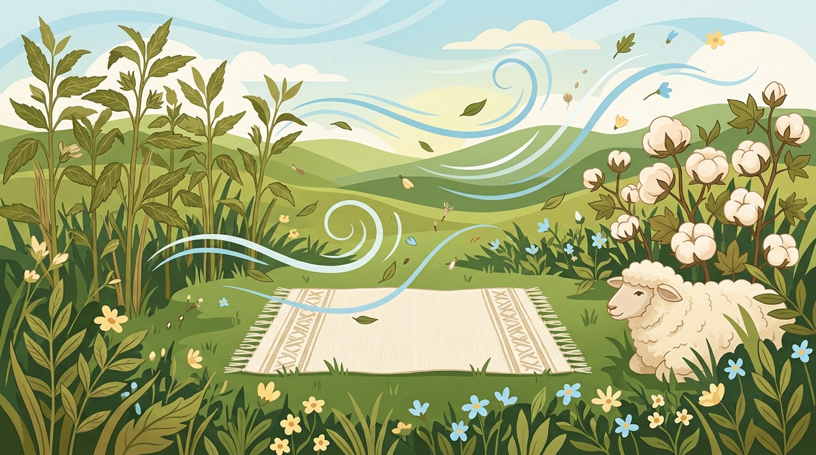 Cream rug on a green meadow among wind swirls, tall grasses, cotton plants and a resting sheep