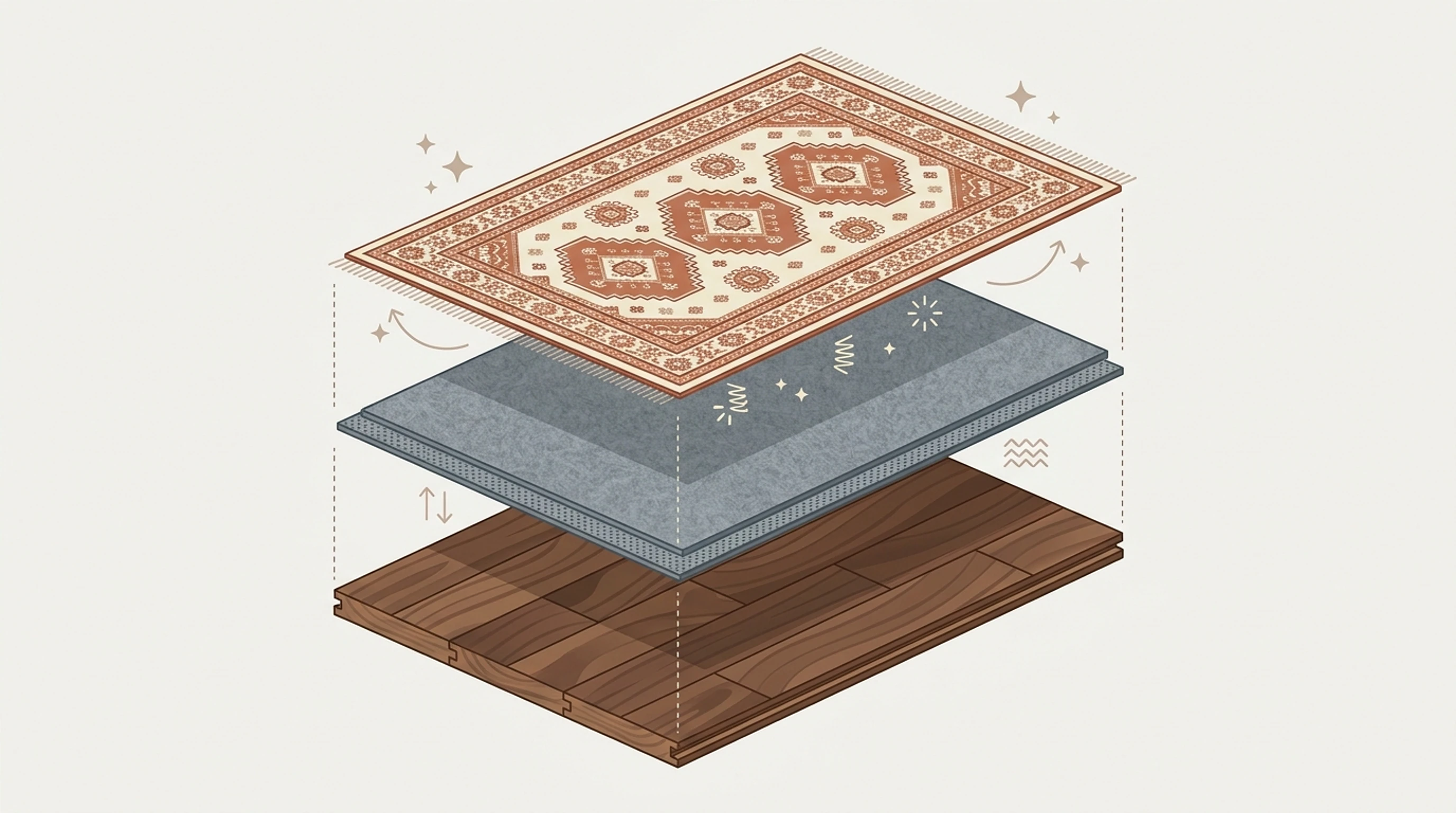 Exploded view of a floor, a felt-and-rubber rug pad and a patterned rug floating in layers