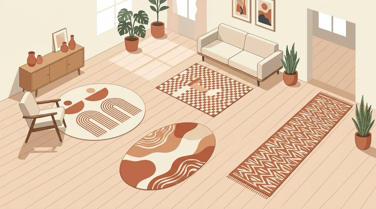 Four rugs of different shapes on a light wooden floor in a modern room: round, oval, square and runner