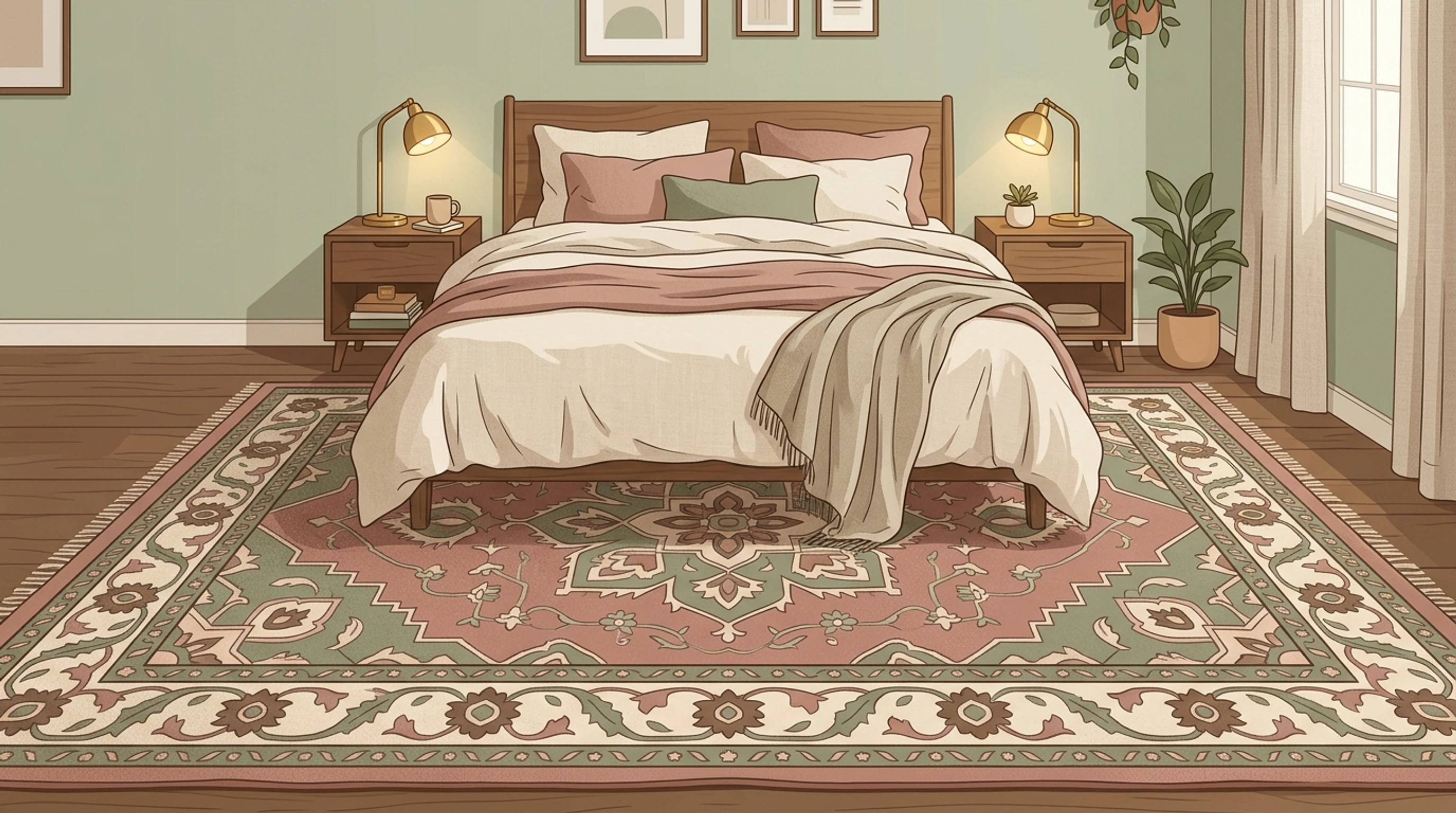 Bedroom with a king bed resting on the upper part of a large patterned rug with a generous border on three sides