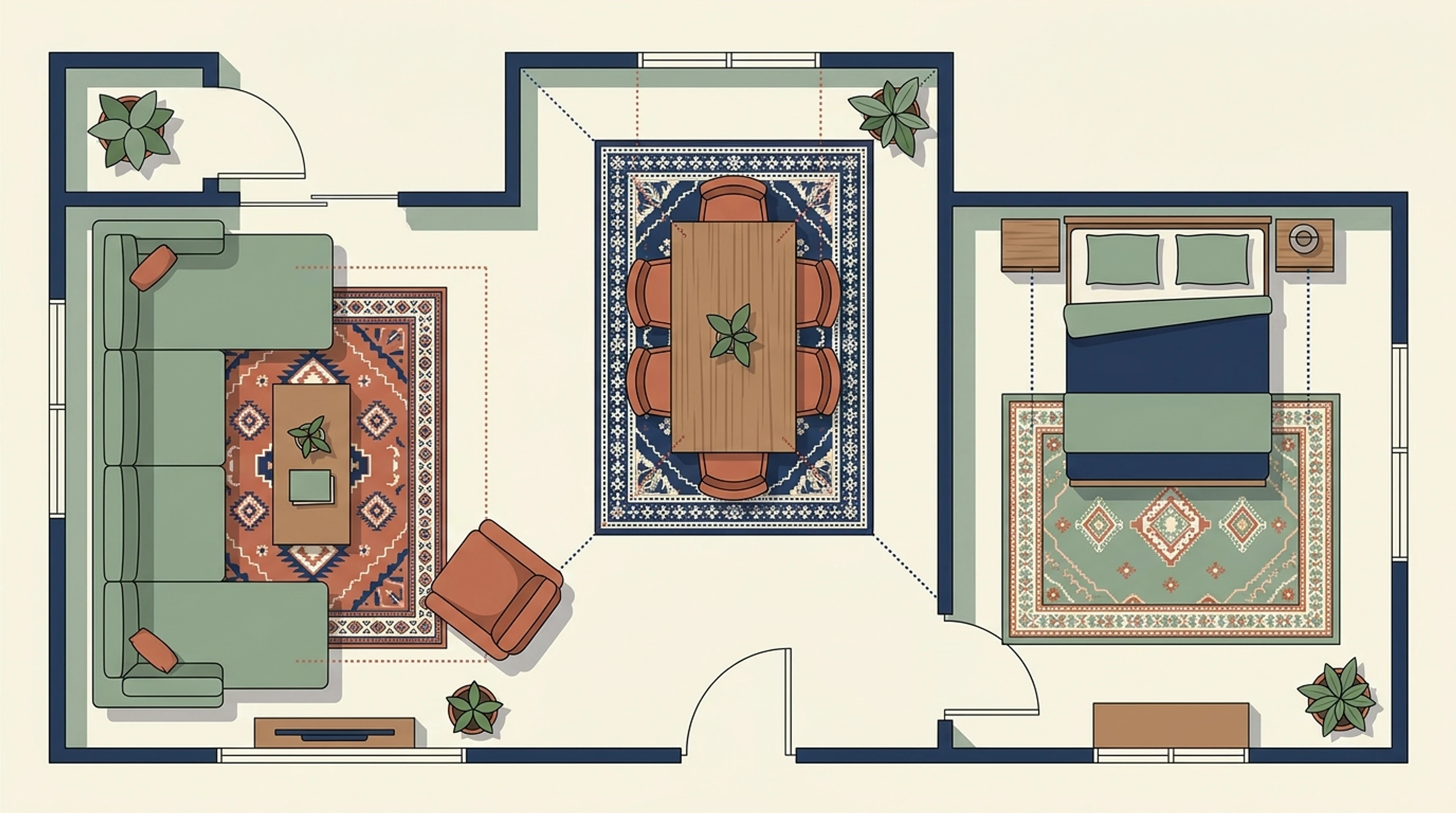 Illustrated floor plan of a home showing differently sized rugs under the living room, dining area and bedroom furniture