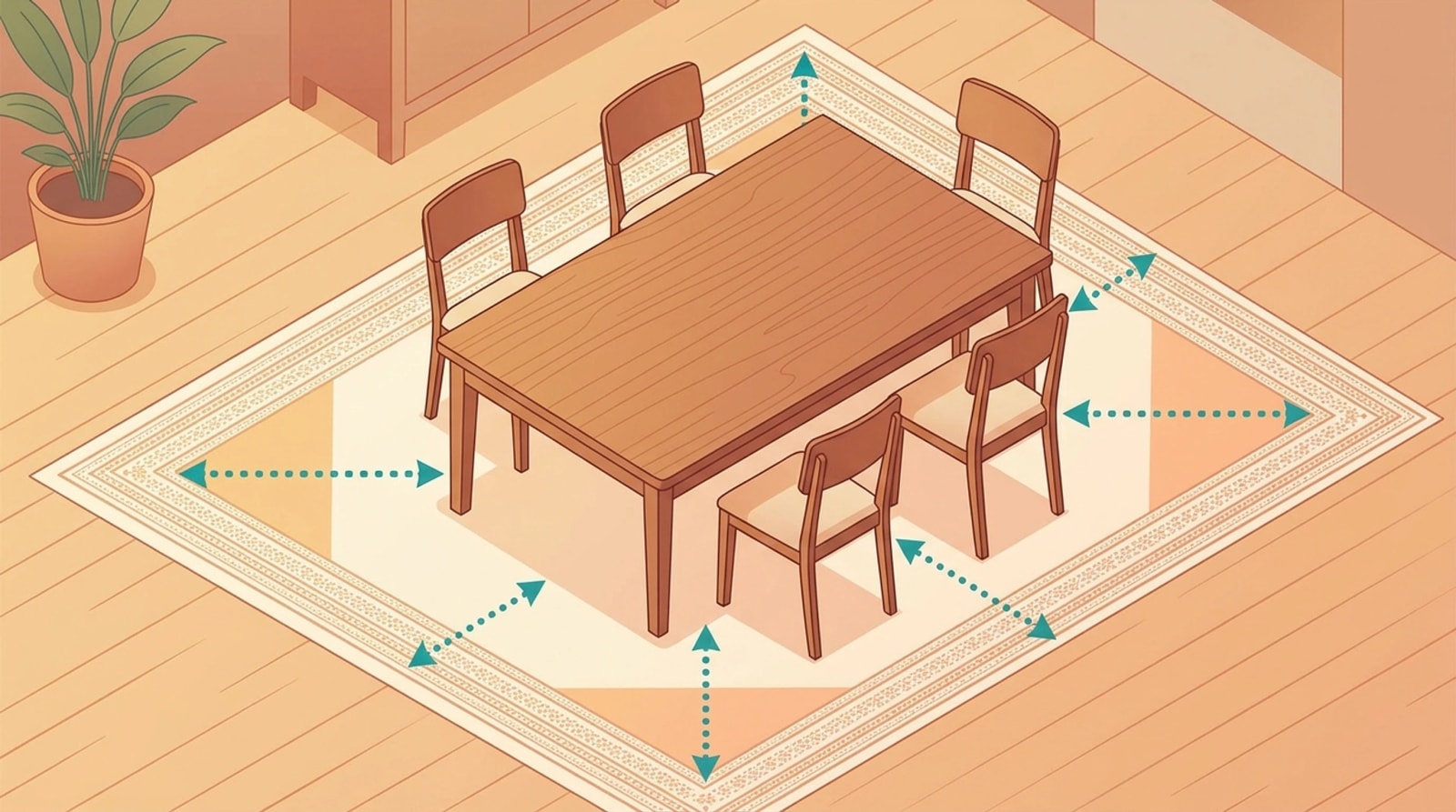 Illustrated dining table with chairs pulled back and still on the rug, with arrows showing the rug extending past the table