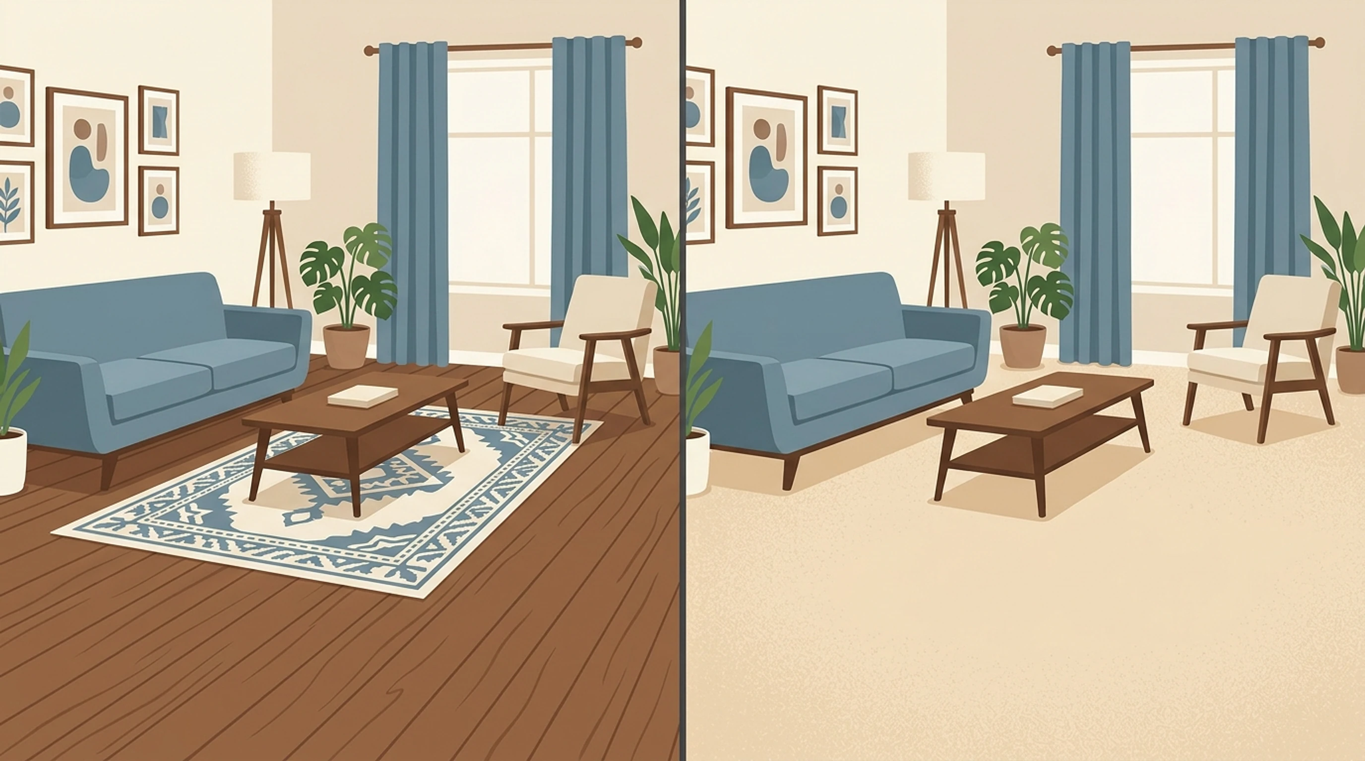 The same living room shown twice: on the left a rug over a wooden floor, on the right wall-to-wall carpet