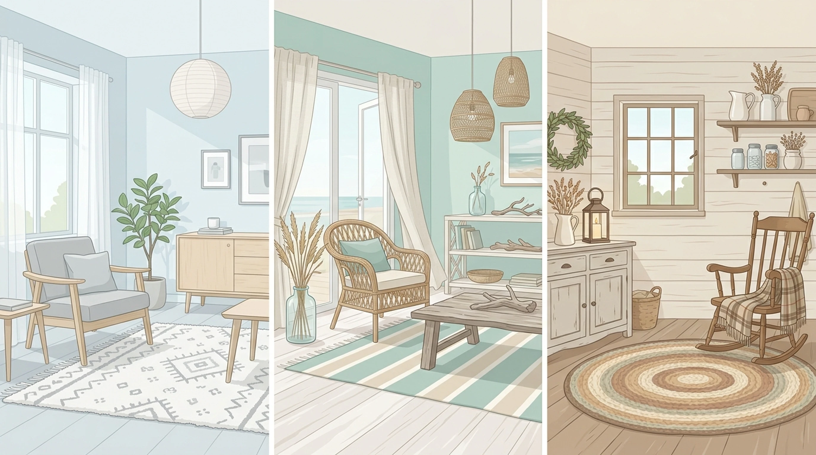 Three rooms side by side: a pale Scandinavian room with a gray and white wool rug, a breezy coastal room with a striped flatweave and a farmhouse room with a braided rug and shiplap wall