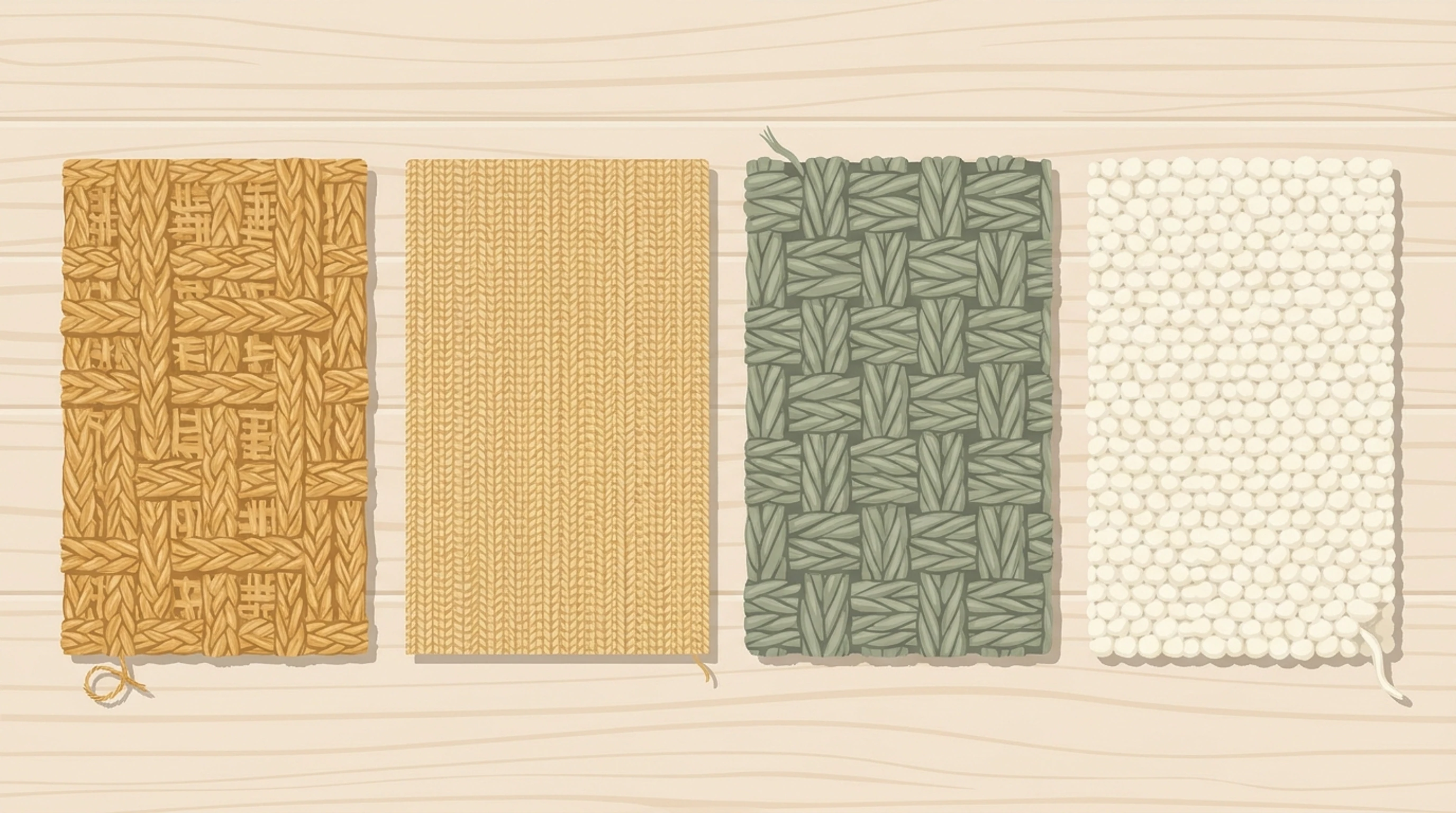 Four natural fiber rug swatches side by side: golden jute, straw sisal, green-gray seagrass and soft cream wool