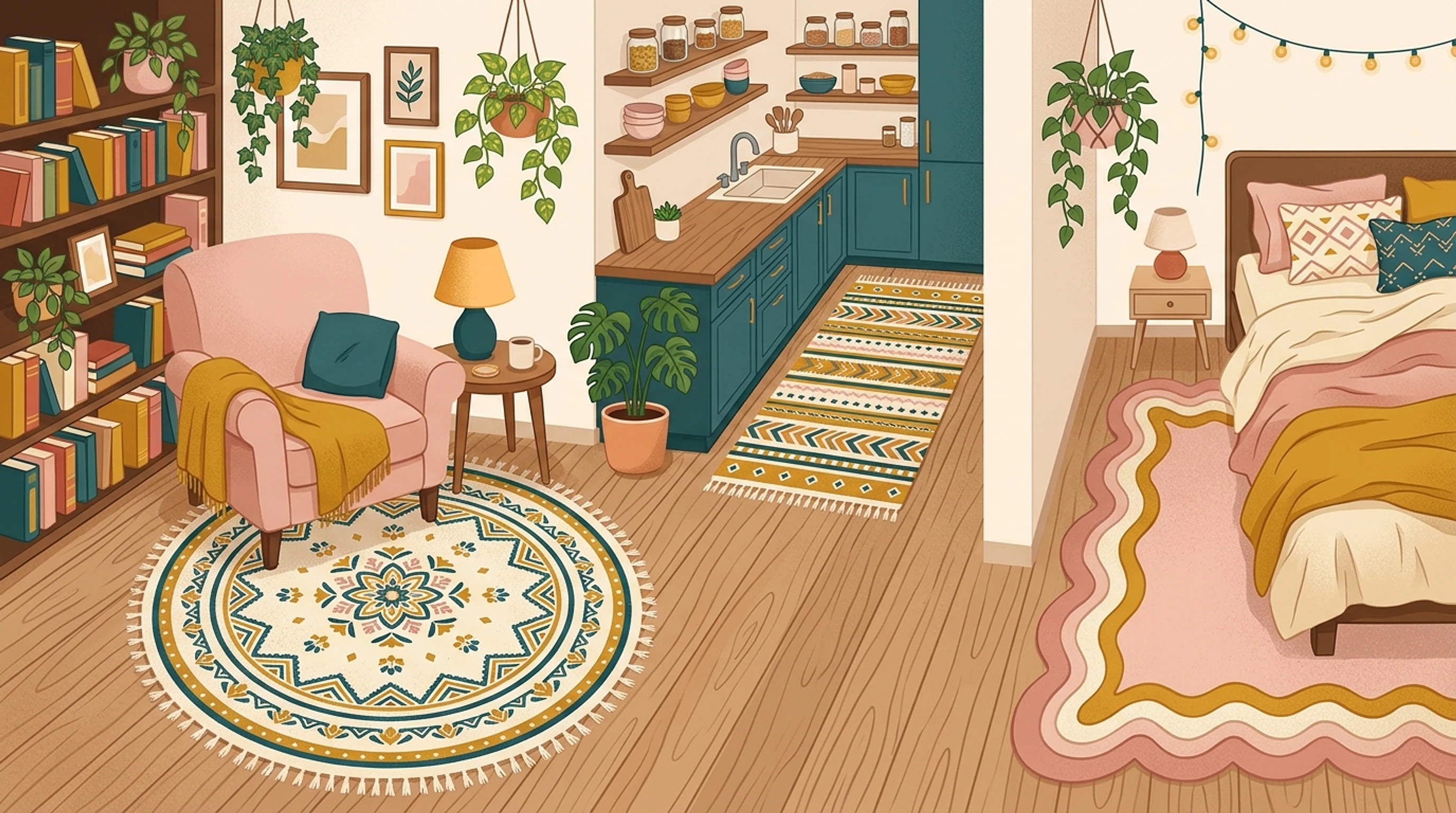 Three small rooms in one scene: a round patterned rug under a pink armchair, a runner along a teal kitchen and a scalloped pink rug beside a bed