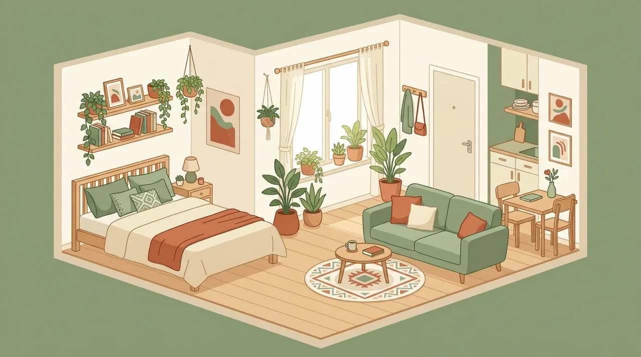 Compact studio apartment with a small round rug under a sofa and a bed in the corner, bright and airy