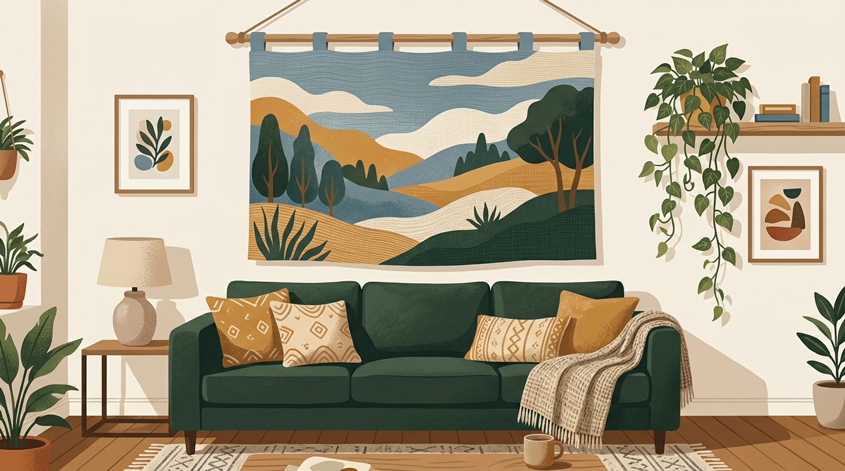 Cozy lounge with a large landscape tapestry in dusty blues and ochre hanging above a deep green sofa, with two small framed prints and a trailing plant