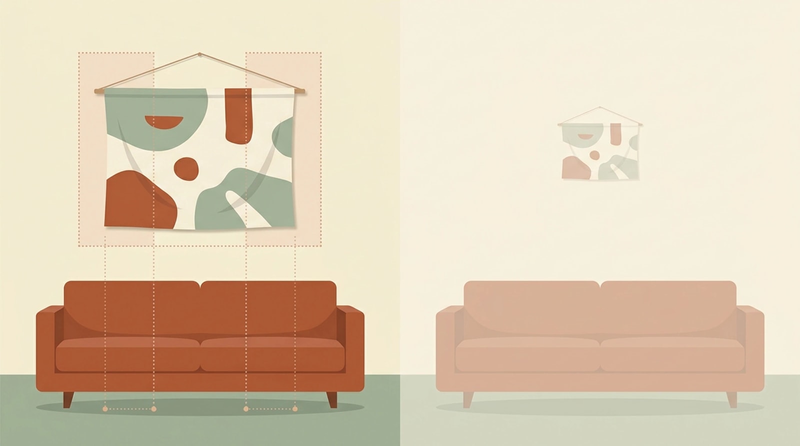 Wall with a sofa and a tapestry, with dotted rectangles showing the tapestry should span about two-thirds of the furniture width and a faded too-small version